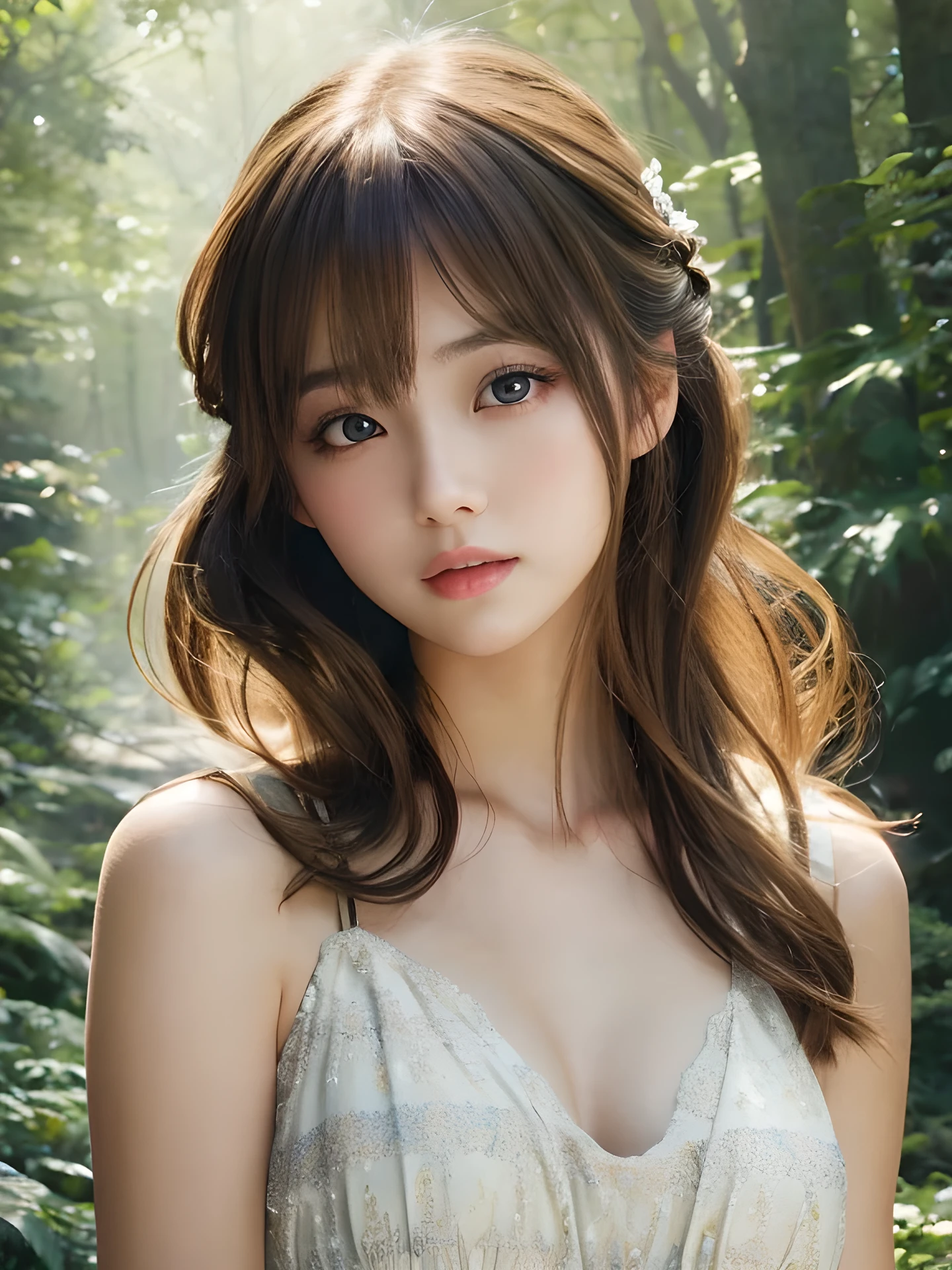 masterpiece, highest quality, High resolution, wallpaper, realistic, (bright lighting:1.4), professional lighting, face light, smooth lighting, japanese girl, full body, cute, sad, open mouth to say something, shy, Beautiful girl, gravure, sexy, super beautiful, beautiful skin, beautiful and detailed eyes、detailed face、slim、moderately, half updo, brunette colored hair, brown eyes, Summer Dresses, The morning sunlight shines through the misty forest path.