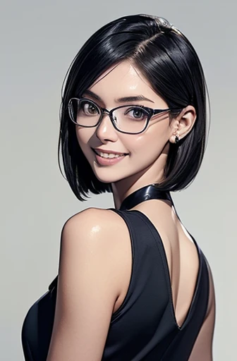 (masterpiece), (8k, best quality, high resolution), (ultra-detailed, realistic), (anatomically correct),  
((Portrait)), (Standing), (((looking back))), (No background),
(1woman),  (looking at viewer), 
(A Japanese woman, 30 years old and 155cm tall.), 
(black hair), (straight hair), (short hair style), (bob cut), (hair behind ears), 
(wear glasses), ((black cell frame glasses)), 
((Wear a navy blue sleeveless dress)), ((Mini length dress with a simple design and minimal decoration)), 
(Create a detailed image of the eye), 
(Her impression is pure, clean and kind.), 
((A captivating smile, just showing a few teeth.)), 　 
