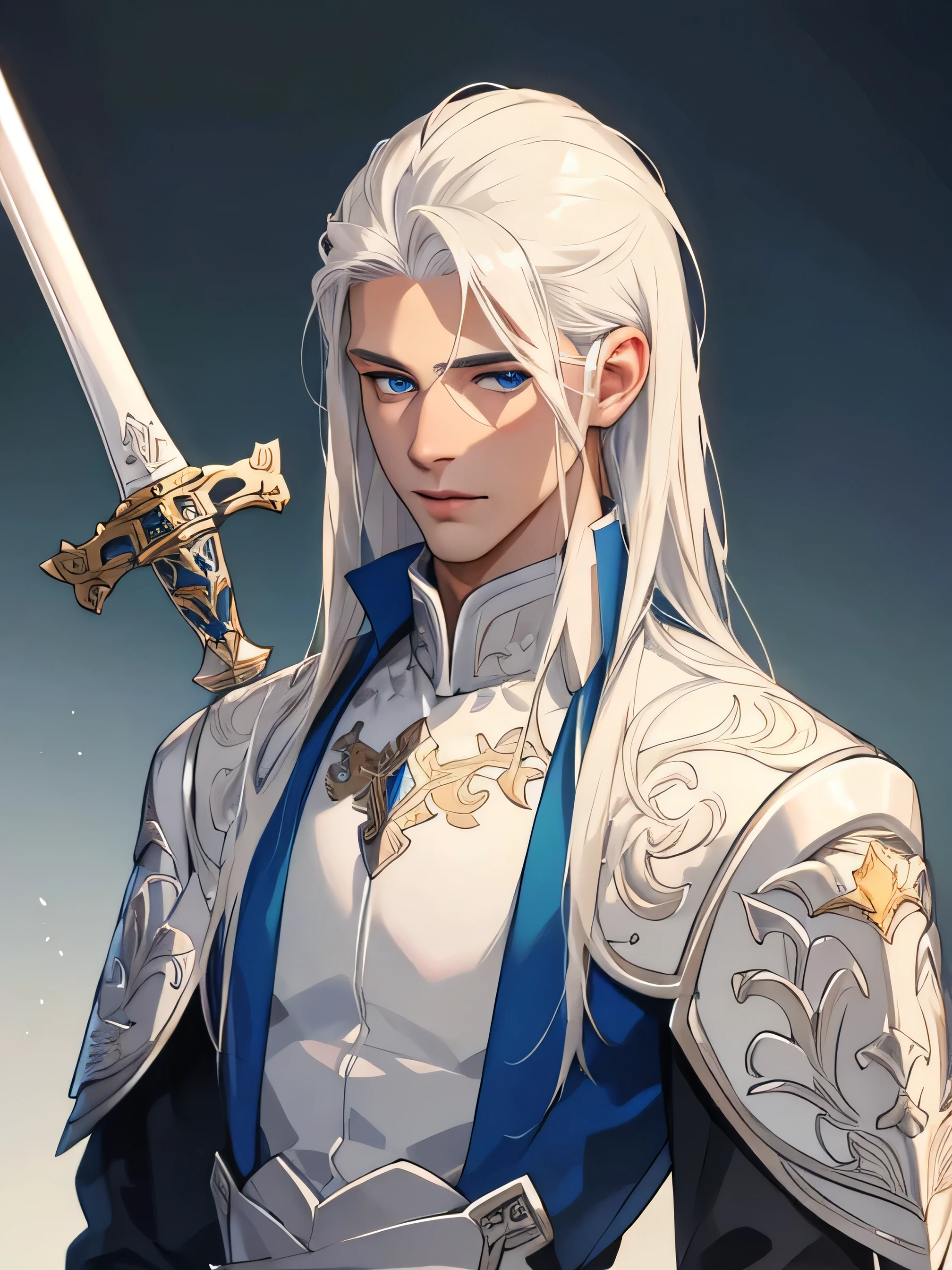 Tall handsome masculine athletic young man platinum blond, tanned skin, long straight platinum hair, blue eyes, beautiful body relief. He is holding a beautiful big sword. Masterpiece, detailed study of the face, a beautiful face, beautiful facial features, perfect image, realistic pictures, detailed study of faces, full-length image, 8k, detailed image. extremely detailed illustration, a real masterpiece of the highest quality, with careful drawing.