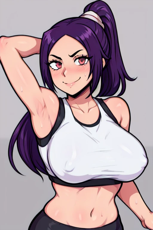 masterpiece, best quality, looking at viewer, upper body, portrait, looking at viewer, seductive smile, put your hands behind your head, armpits, armpits visible, sweaty armpits, Yoruichi Shihouin, very large breasts, purple hair, wearing black croptop , no bra, ponytail