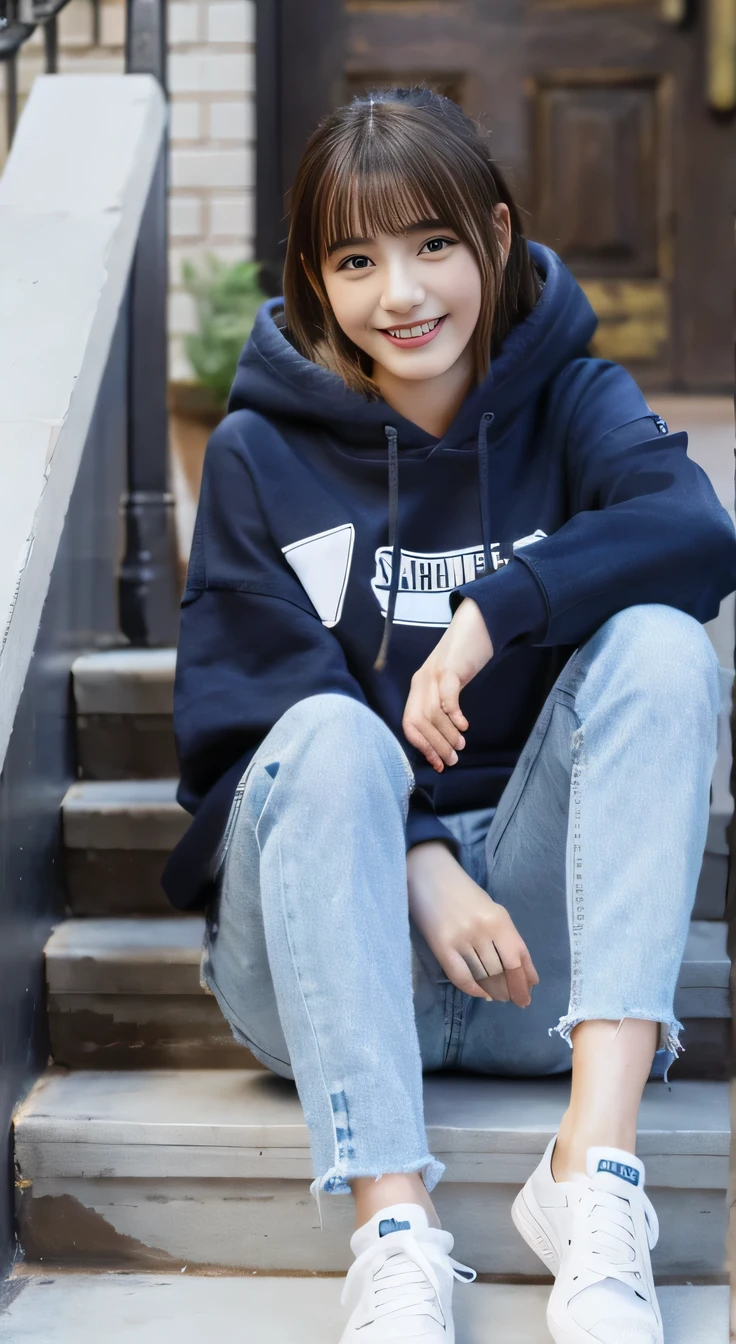 highest quality, Realistic, Very detailed, Finer details, High resolution, 8k wallpaper, One beautiful woman,Sit on the stairs、smile、、 Oversized hoodie, Skinny jeans,( sneakers)、Black Hair、 Beautiful Bangs、ear piercing、Perfect dynamic composition, Beautiful and detailed, Full Body Shot, A big smile waiting to start