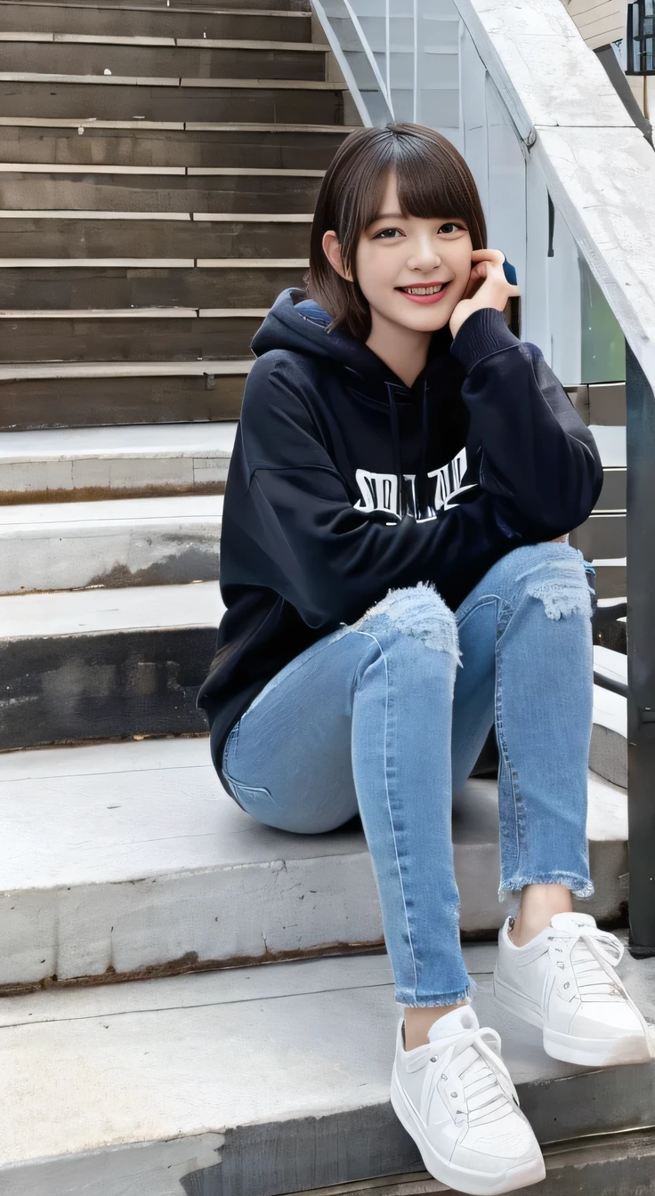 highest quality, Realistic, Very detailed, Finer details, High resolution, 8k wallpaper, One beautiful woman,Sit on the stairs、smile、、 Oversized hoodie, Skinny jeans,( sneakers)、Black Hair、 Beautiful Bangs、ear piercing、Perfect dynamic composition, Beautiful and detailed, Full Body Shot, A big smile waiting to start