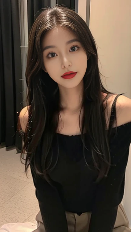((best qualtiy, 8K, tmasterpiece:1.3)), RAW photo, A pretty maiden,Pure,Melon seed face,gentle and cute,seductive, A sweet smile,Pure desire,Thin stature,(frontage),(Tilt your head),selfie in the room, casual outfit, brown sweater Black silky long, Straight hair,Long hair flowing over the shoulders,round black big eyes,Clear big eyes,Hydrated red lips,Sweet,