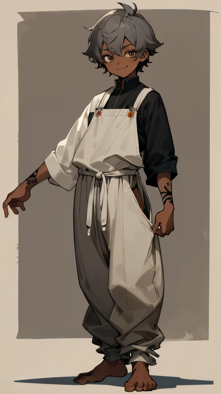 whole body、Down to the toes、Standing posture、Smiling boy、Dark brown skin、Gray Hair、Cute Face、slave clothes、Light clothing、tattoo