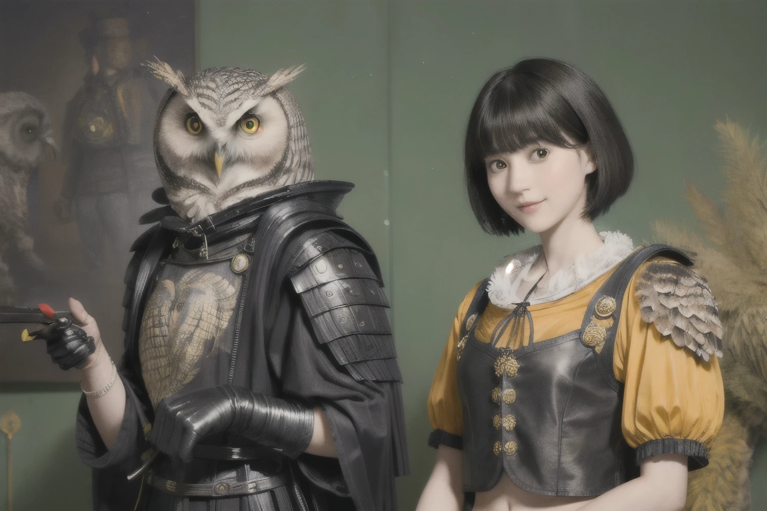 224 Short Hair, 20-year-old woman, A kind smile, (There are also colorful owls), (Rembrandt-style painting), ((machinery suit,Clothes with short sleeves)),I can see your abs
