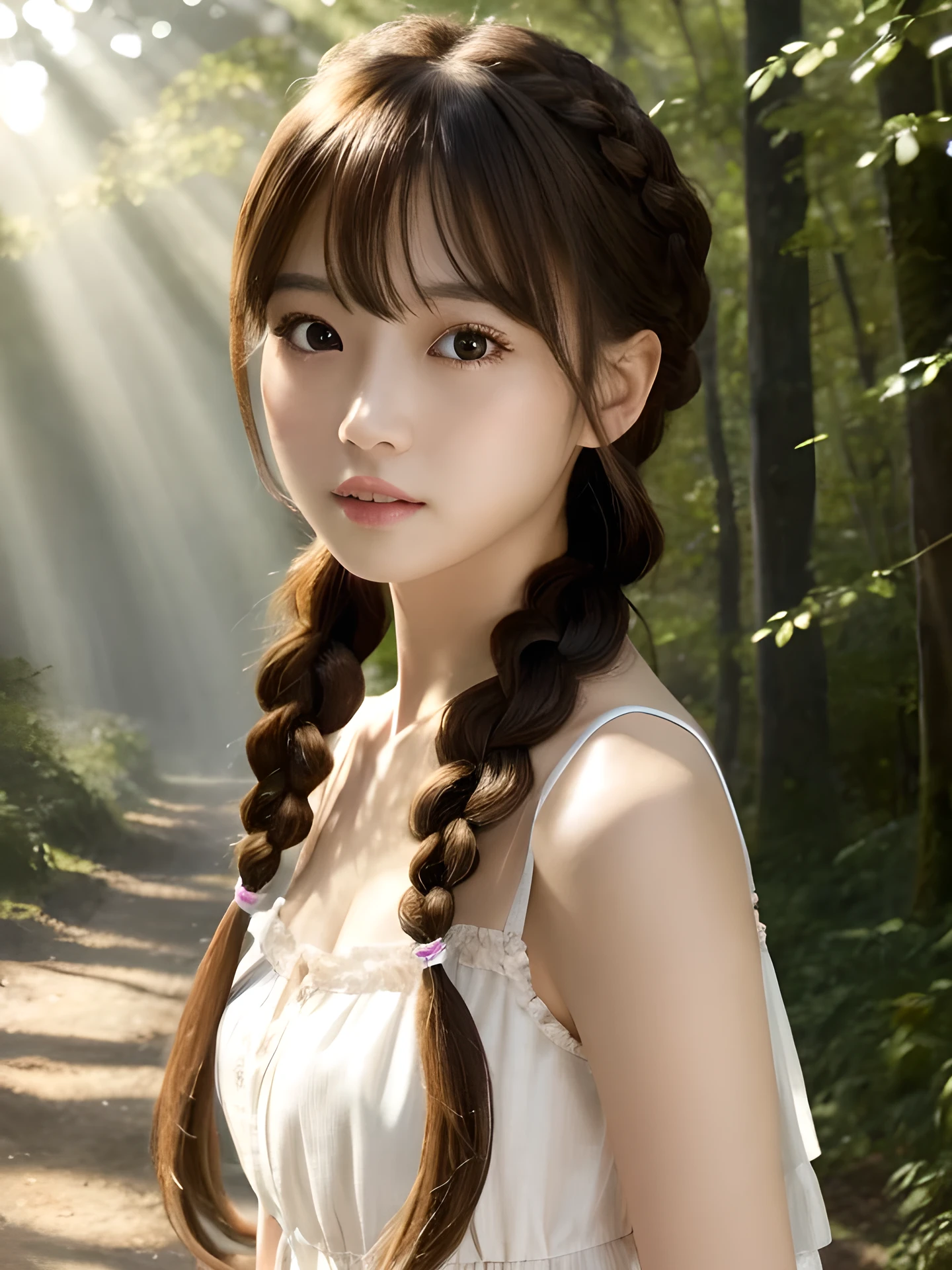 masterpiece, highest quality, High resolution, wallpaper, realistic, (bright lighting:1.4), professional lighting, face light, smooth lighting, japanese girl, full body, cute, sad, open mouth to say something, shy, Beautiful girl, gravure, sexy, super beautiful, beautiful skin, beautiful and detailed eyes、detailed face、slim、moderately, braid hair, brunette colored hair, brown eyes, Summer Dresses, The morning sunlight shines through the misty forest path.