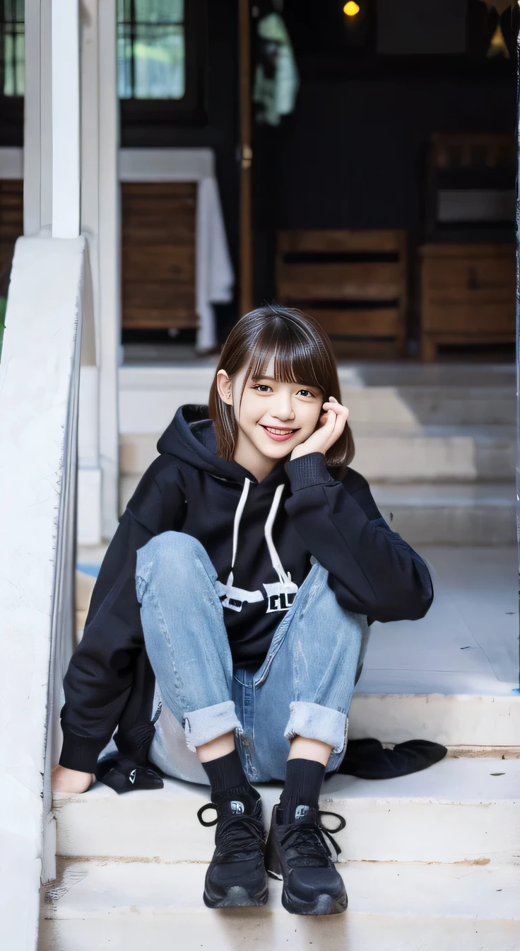 highest quality, Realistic, Very detailed, Finer details, High resolution, 8k wallpaper, One beautiful woman,Sit on the stairs、smile、、（Black socks） Oversized hoodie, Skinny jeans,（ Black sneakers）、Black Hair、 Beautiful Bangs、ear piercing、Perfect dynamic composition, Beautiful and detailed, Full Body Shot, A big smile waiting to start
