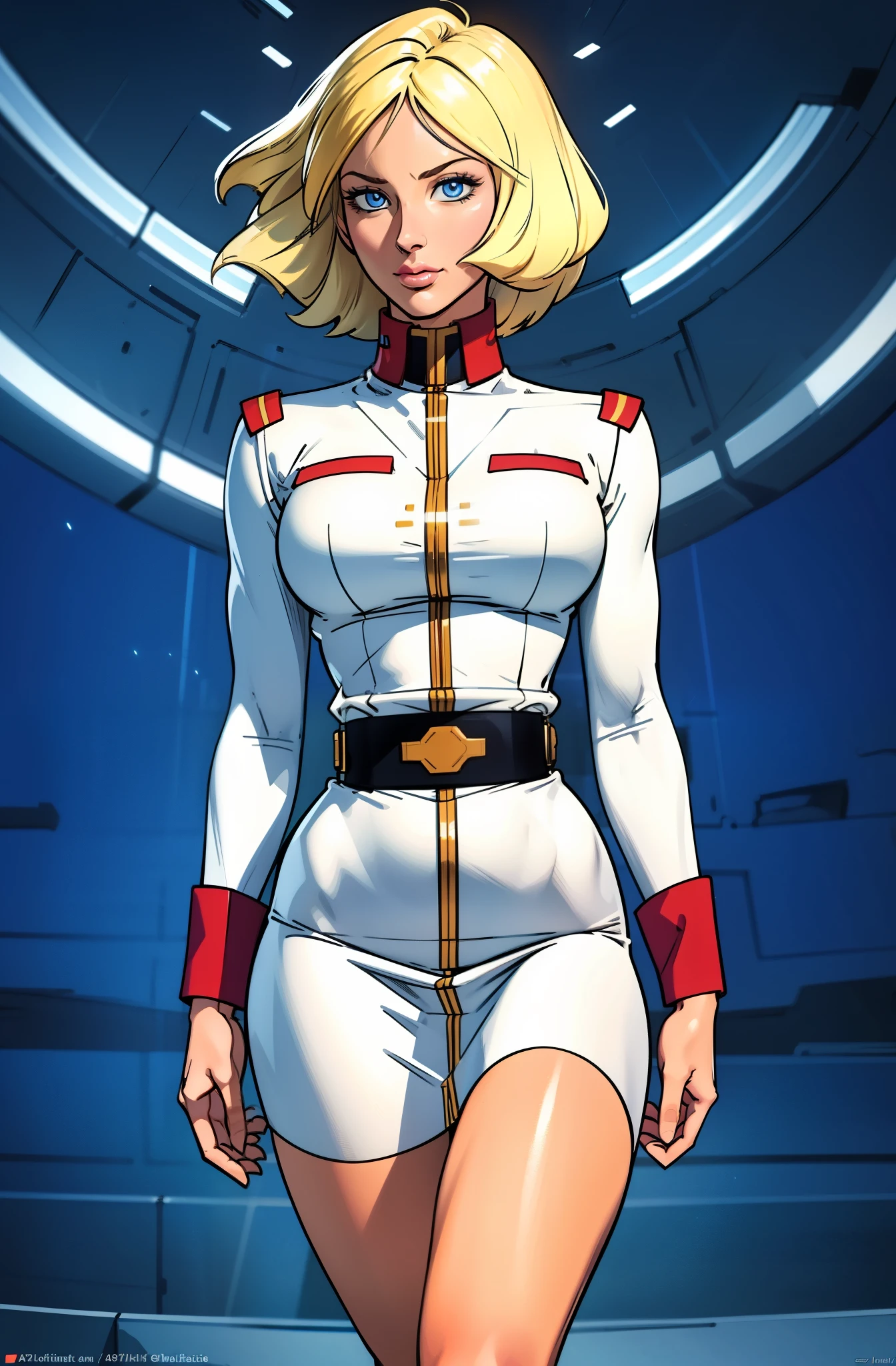 ((masterpiece)), ((cinematic lighting)), realistic photo、Real Images、Top image quality、1girl in, sayla mass, Elegant, masterpiece, Convoluted, slim arms, wide hips, thick thighs, Best Quality, absurderes, high face detail, Perfect eyes, mature, Cowboy Shot, , Vibrant colors, White uniform, Skirt,