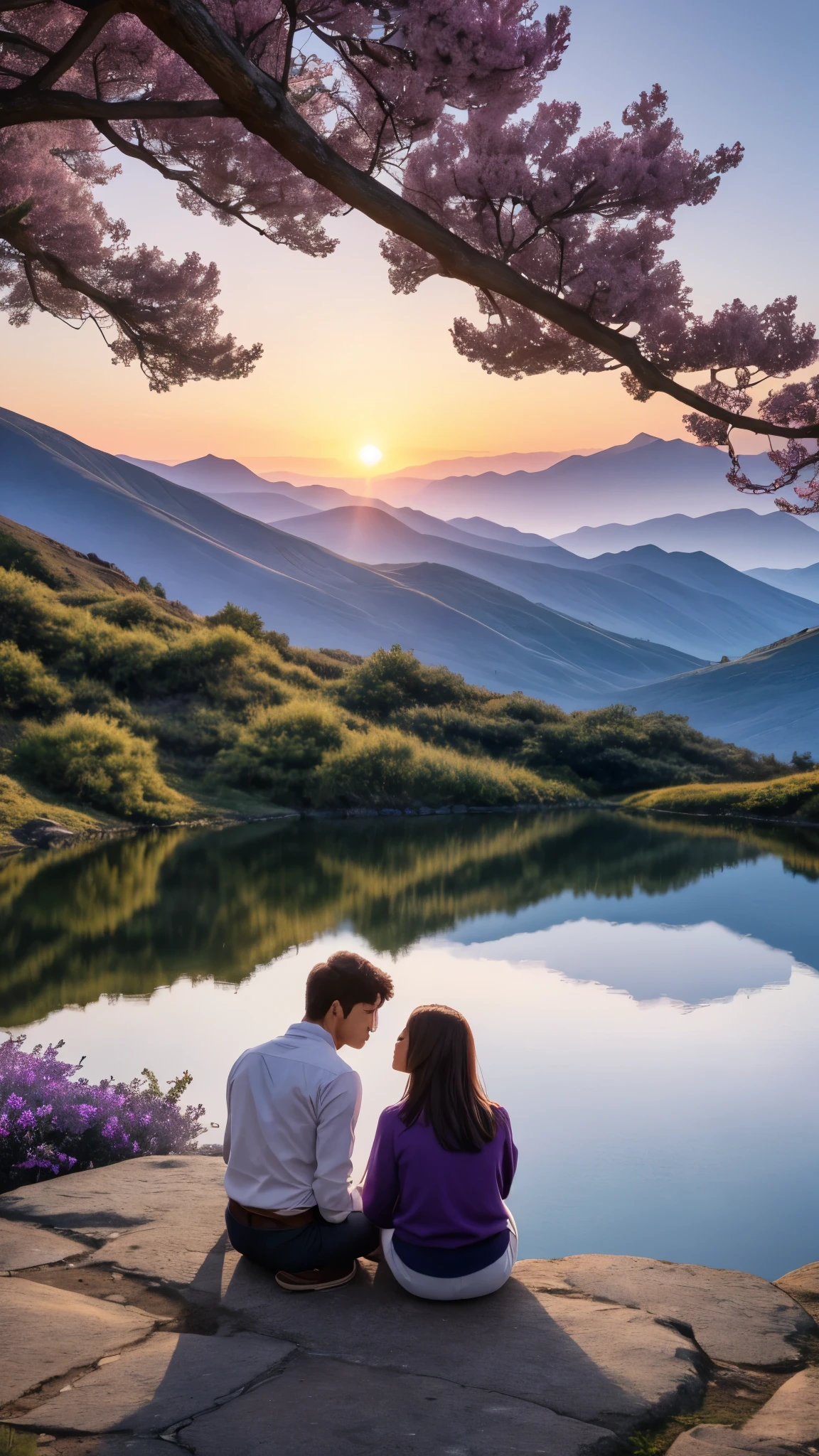 Two people engaged in deep conversation atop a majestic purple mountain、The sun begins to set、It cast a warm and mysterious glow on the landscape.。The unique color of the mountain、The vibrant shades of lilac and mauve dominate the background.、Adds a mystical touch to the scene。The two of them were dressed in contrasting colours.、Take in the breathtaking views of the surrounding area、Expressing deep connection through body language、They seem to be engrossed in the discussion.。The gentle sound of the wind々Swinging between、The occasional chirping of birds creates a tranquil atmosphere.。High definition、