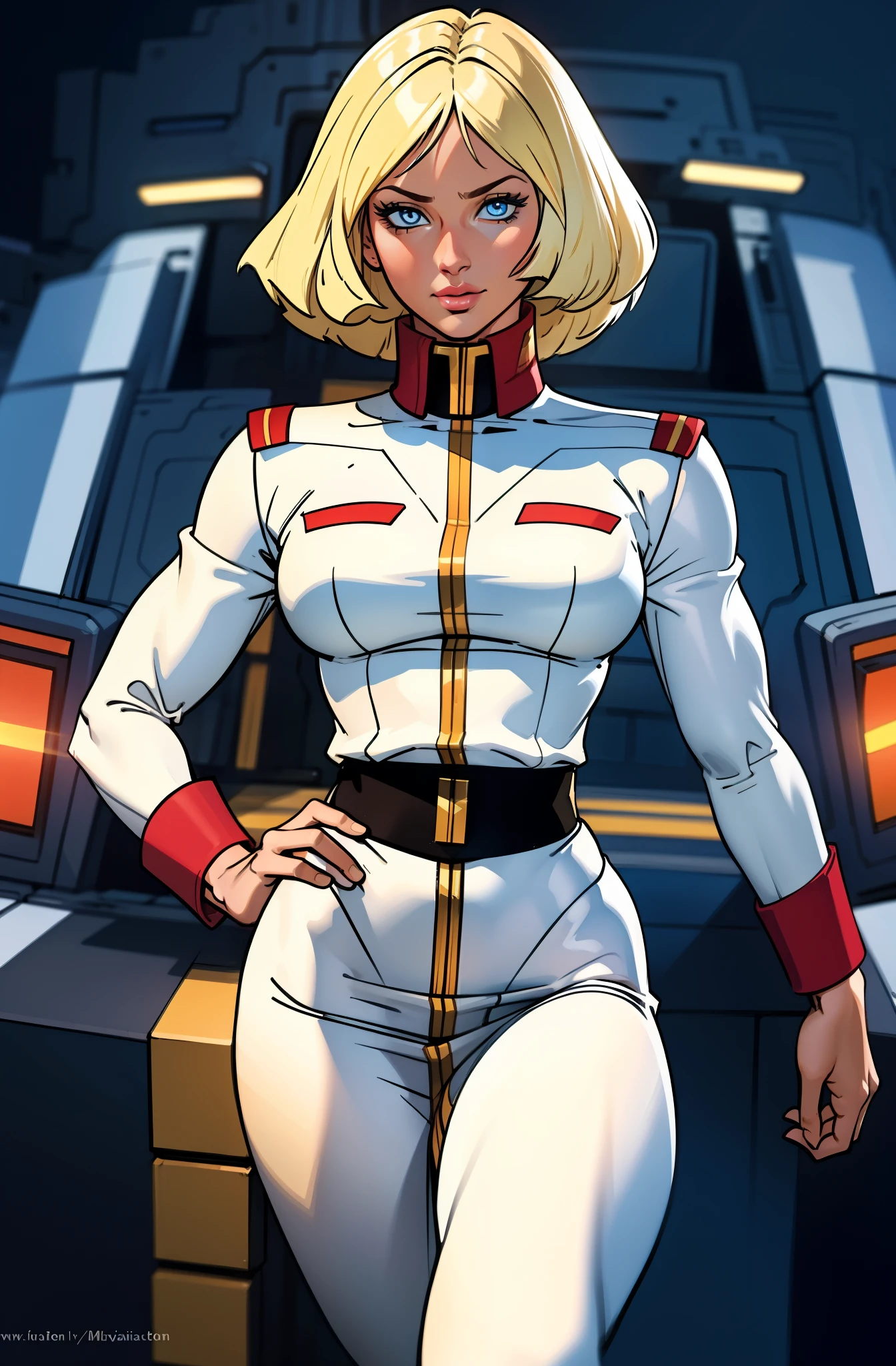 ((masterpiece)), ((cinematic lighting)), realistic photo、Real Images、Top image quality、1girl in, sayla mass, Elegant, masterpiece, Convoluted, slim arms, wide hips, thick thighs, Best Quality, absurderes, high face detail, Perfect eyes, mature, Cowboy Shot, , Vibrant colors, White uniform, Skirt,