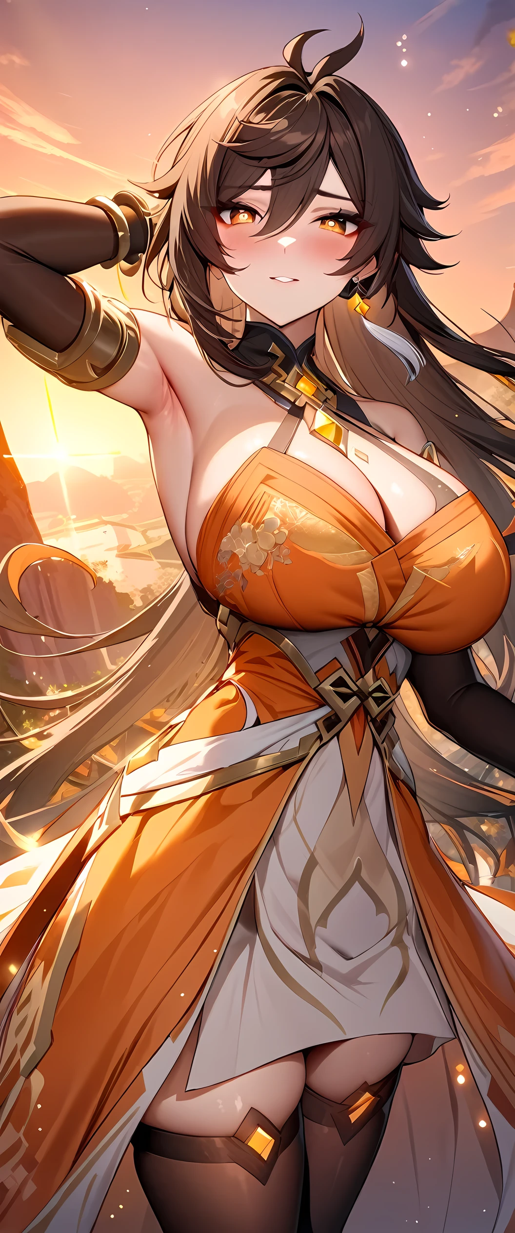 (masterpiece), best quality, expressive eyes, perfect face,((1girl)),zhongli_\(genshin impact\),((dark brown hair)),(glowing orange pupils),(huge breasts:1.2),cleavage,(magical girl:1.2),(brown:1,4 and orange:1.2 elegant dress:1.5),(embroidery:1.5),garterbelt,(brown and gold thighhighs),floating crystals,crystal pendant,circlet,tassel earrings,armlets,bracelets,bashful smile,standing,sexy pose,fantasy scenary,liyue,(sunset:1.1),(clear sky 1:1),gems,(sparkle:0.9),(glitter:0.9),dymanic angle,head tilt