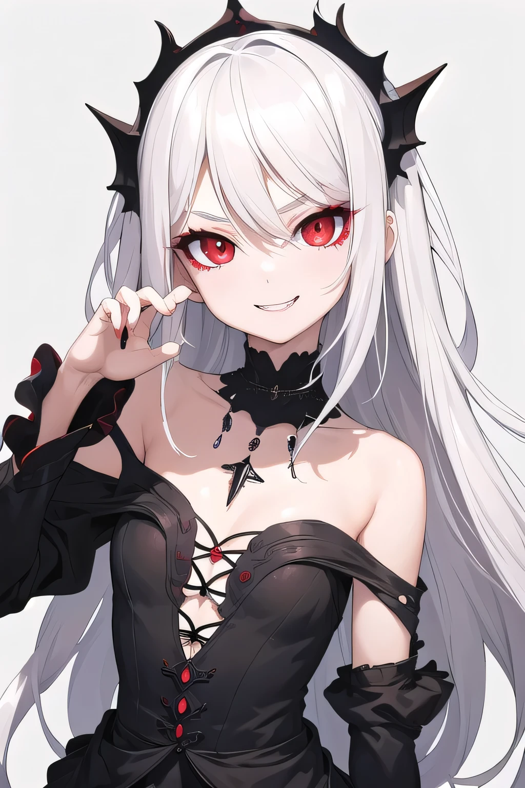 masterpiece, best quality, ultra-high-detailed, happy smile, white hair, red eyes,long hair wavy , small breast, looking to viewer, deep eyes, glare eyes, black dress, eyeshadow, makeup, bare shoulder, Gothic, emo , focus to face, black background, just face, necklace, front side, focus to viewer