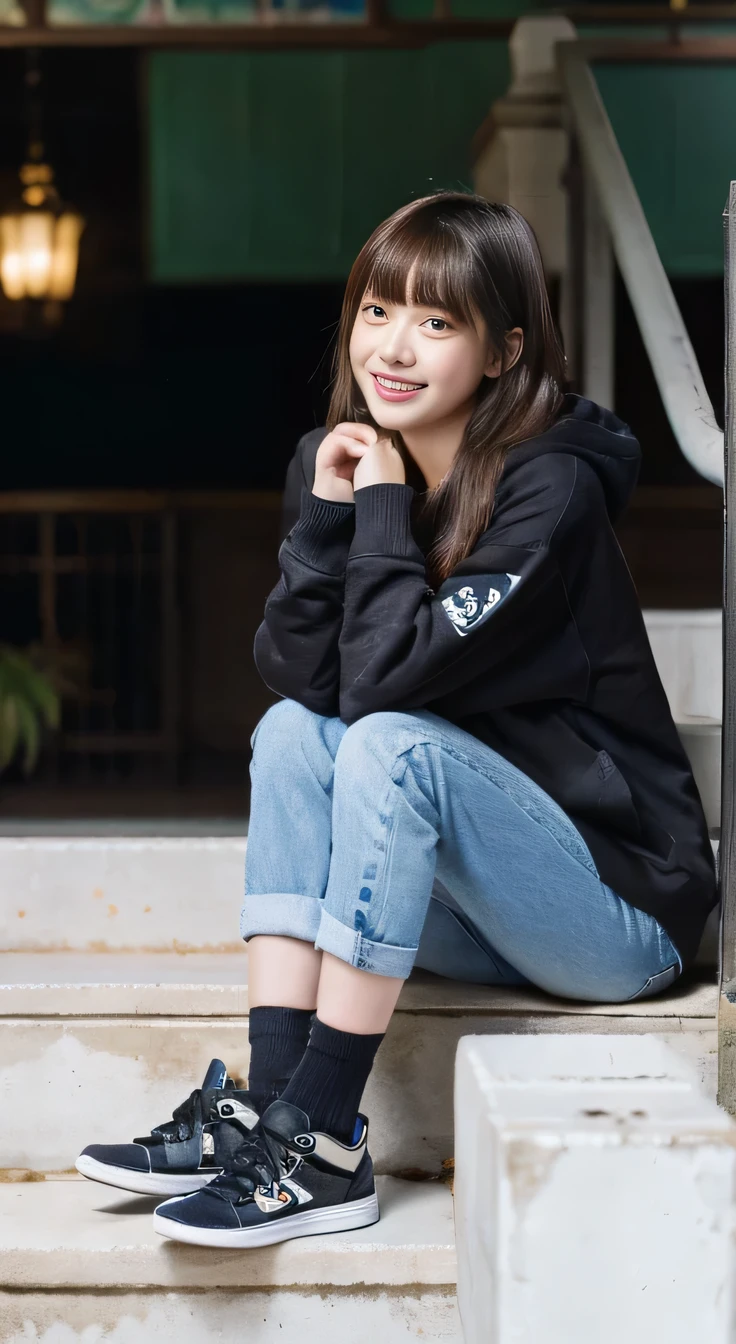 highest quality, Realistic, Very detailed, Finer details, High resolution, 8k wallpaper, One beautiful woman,Sit on the stairs、smile、、(Black socks) Oversized hoodie, Skinny jeans,( Black sneakers)、Black Hair、 Beautiful Bangs、ear piercing、Perfect dynamic composition, Beautiful and detailed, Full Body Shot, A big smile waiting to start