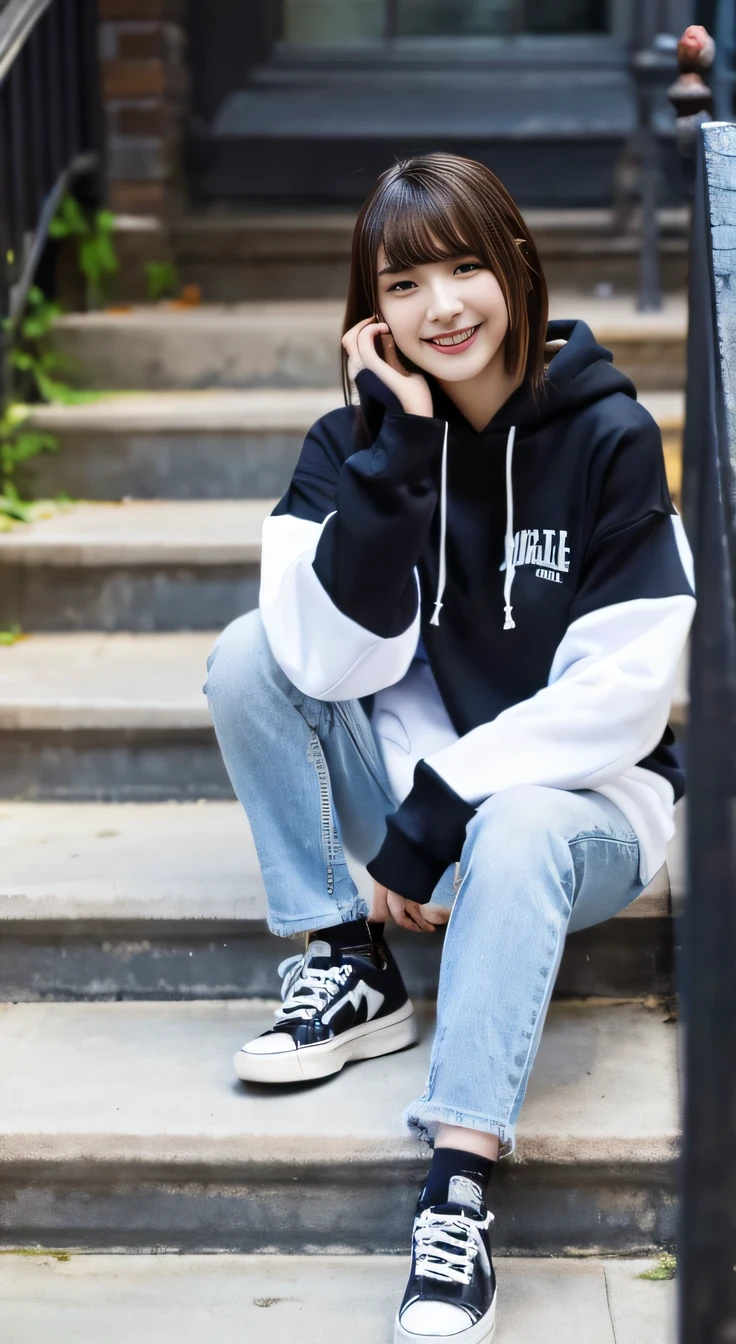 highest quality, Realistic, Very detailed, Finer details, High resolution, 8k wallpaper, One beautiful woman,Sit on the stairs、smile、、(Black socks) Oversized hoodie, Skinny jeans,( Black sneakers)、Black Hair、 Beautiful Bangs、ear piercing、Perfect dynamic composition, Beautiful and detailed, Full Body Shot, A big smile waiting to start