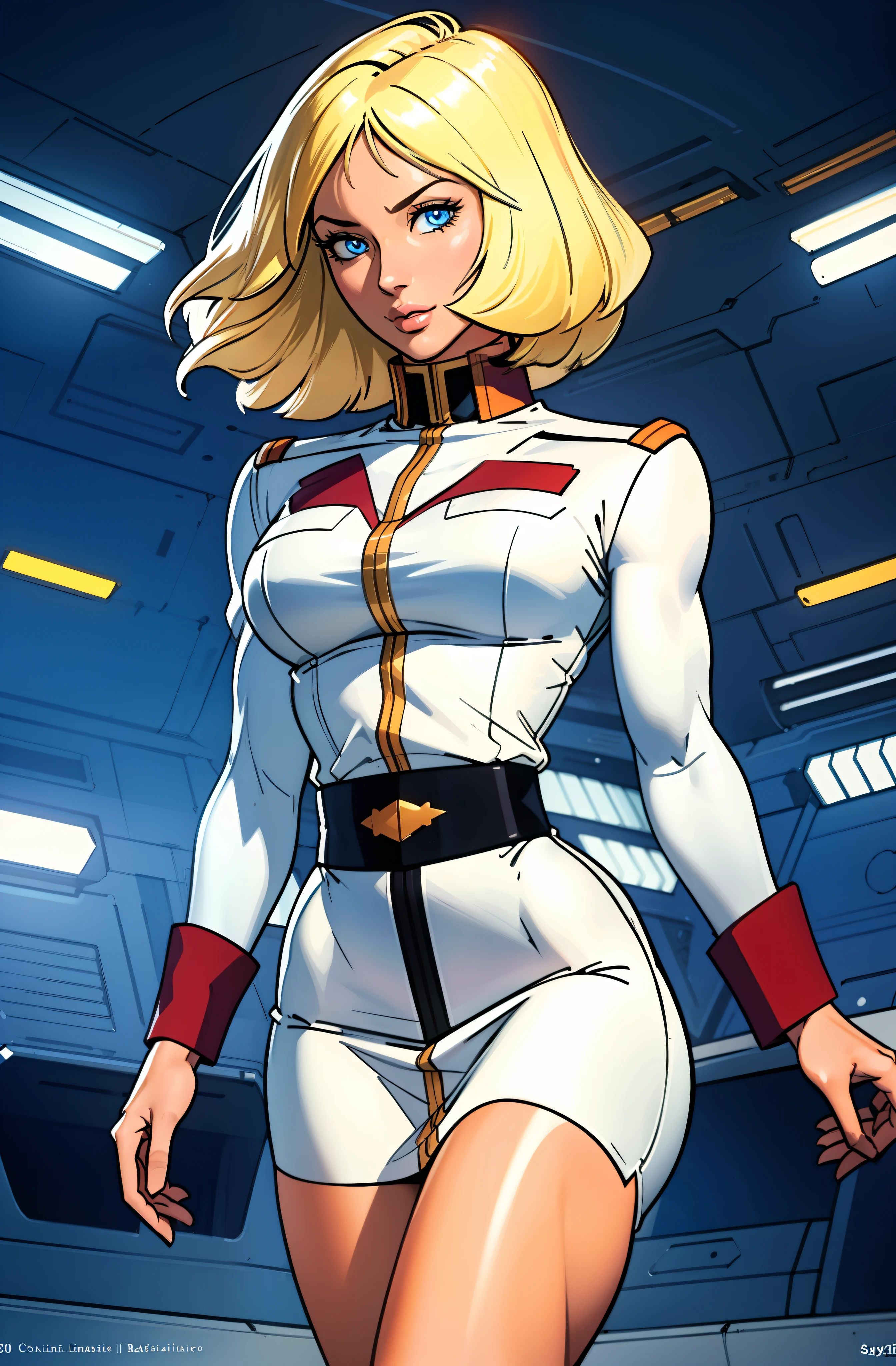 ((masterpiece)), ((cinematic lighting)), realistic photo、Real Images、Top image quality、1girl in, sayla mass, Elegant, masterpiece, Convoluted, slim arms, wide hips, thick thighs, Best Quality, absurderes, high face detail, Perfect eyes, mature, Cowboy Shot, , Vibrant colors, White uniform, Skirt,