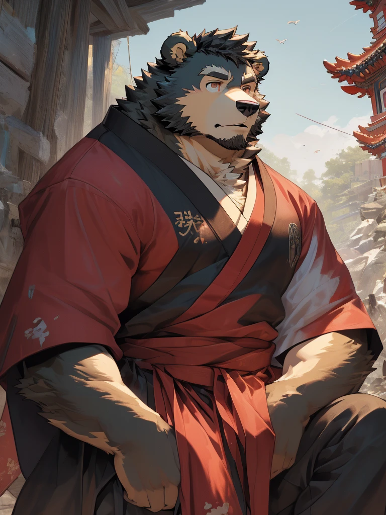 (Super detailed),Be focused,Exquisite eyes,Brown eyes,hairy,Look straight ahead,(Black and white fur), black beard,Black Hair,human nature (Bear:1.3), male, Middle-aged and elderly people, brown body, White belly, muscular ,(Crotch bulge),Super detailed的脸,(Messy 1.4),(best quality), (masterpiece), High Detail,high quality,high resolution,16K,close up,(War Background),Majestic appearance,Overlooking,(Brown fur:1.3),(Chinese style battle robe),。