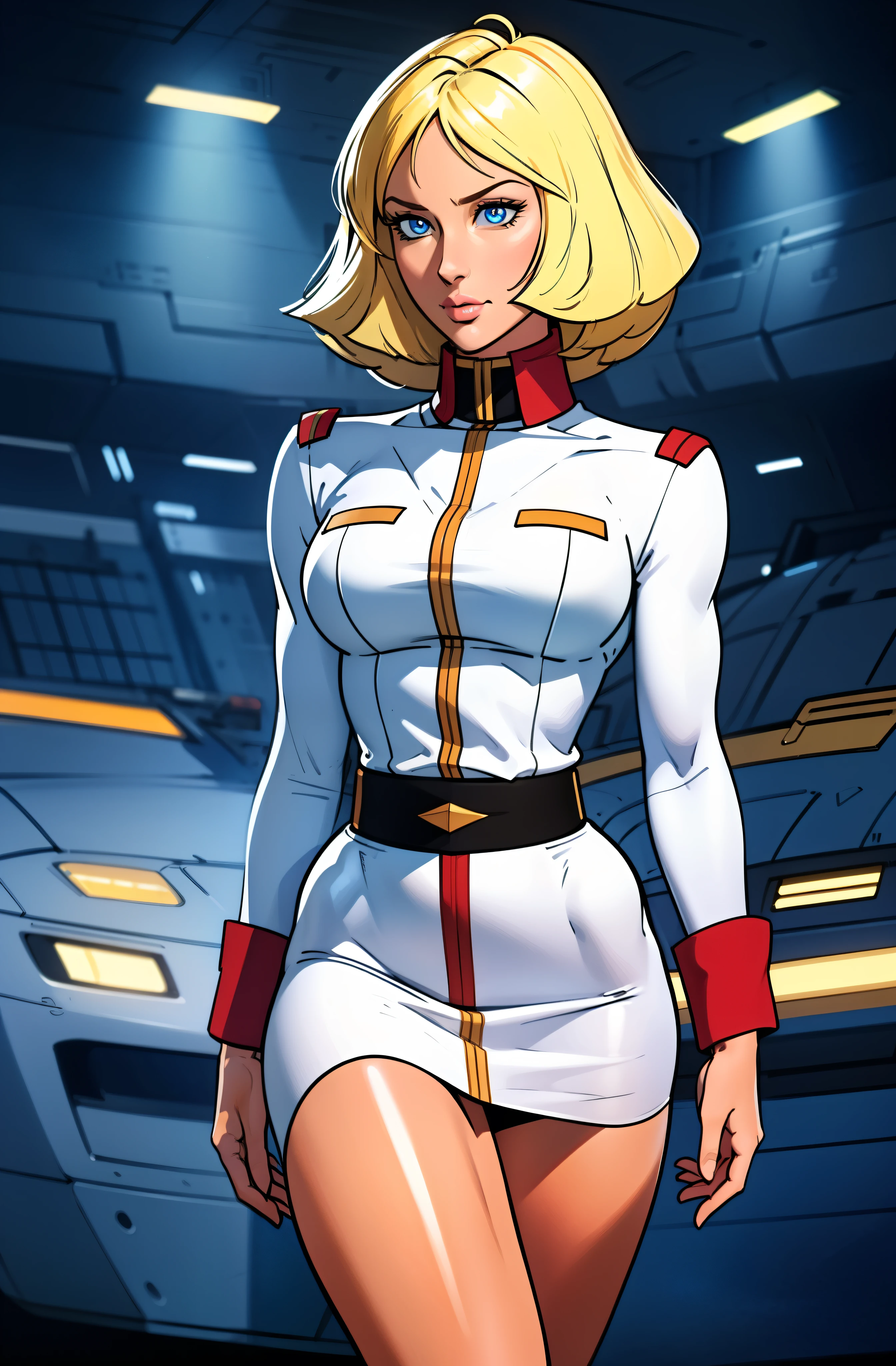 ((masterpiece)), ((cinematic lighting)), realistic photo、Real Images、Top image quality、1girl in, sayla mass, Elegant, masterpiece, Convoluted, slim arms, wide hips, thick thighs, Best Quality, absurderes, high face detail, Perfect eyes, mature, Cowboy Shot, , Vibrant colors, White uniform, Skirt,