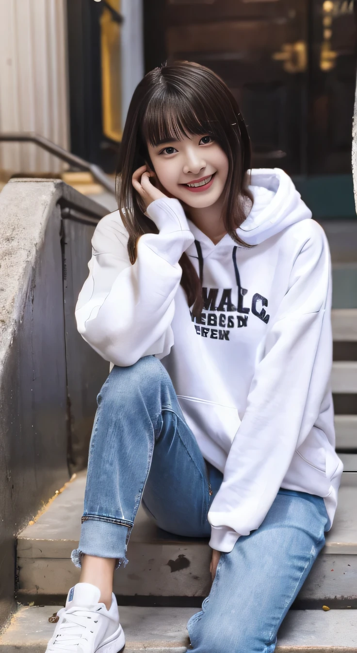 highest quality, Realistic, Very detailed, Finer details, High resolution, 8k wallpaper, One beautiful woman,Sit on the stairs、smile、、 Oversized hoodie, Skinny jeans,( sneakers)、Black Hair、 Beautiful Bangs、ear piercing、Hairstyle braid、Perfect dynamic composition, Beautiful and detailed, Full Body Shot, A big smile waiting to start