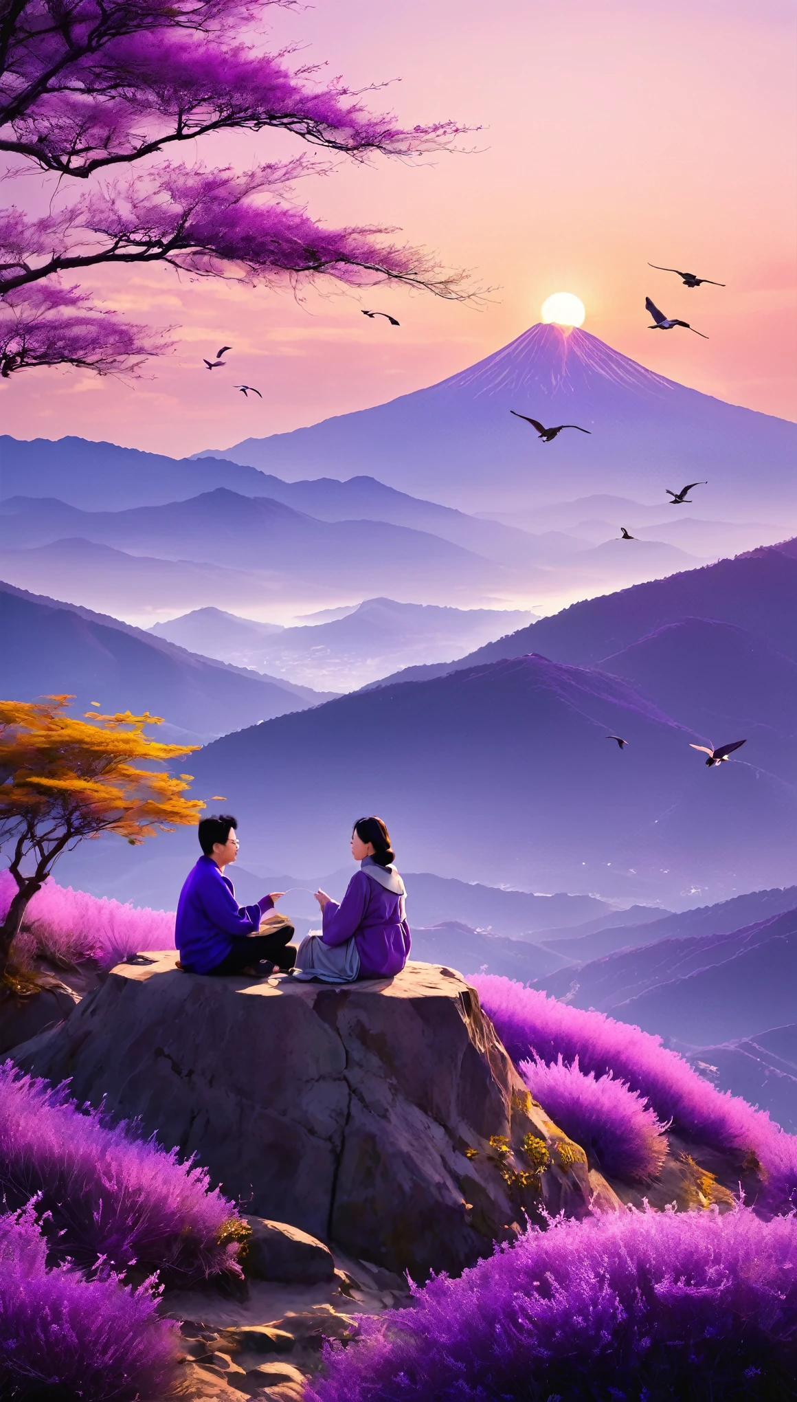 Two people engaged in deep conversation atop a majestic purple mountain、The sun begins to set、It cast a warm and mysterious glow on the landscape.。The unique color of the mountain、The vibrant shades of lilac and mauve dominate the background.、Adds a mystical touch to the scene。The two of them were dressed in contrasting colours.、Take in the breathtaking views of the surrounding area、Expressing deep connection through body language、They seem to be engrossed in the discussion.。The gentle sound of the wind々Swinging between、The occasional chirping of birds creates a tranquil atmosphere.。High definition、