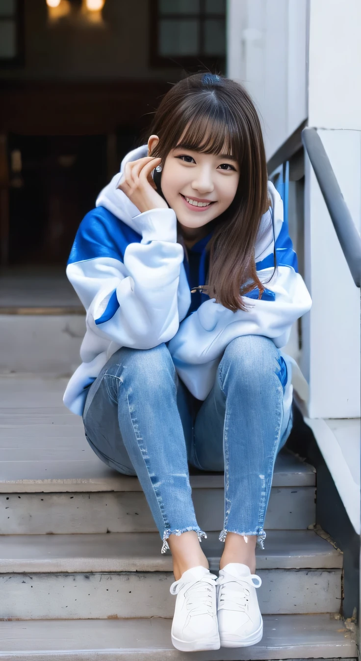 highest quality, Realistic, Very detailed, Finer details, High resolution, 8k wallpaper, One beautiful woman,Sit on the stairs、smile、、 Oversized hoodie, Skinny jeans,( sneakers)、Black Hair、 Beautiful Bangs、ear piercing、Perfect dynamic composition, Beautiful and detailed, Full Body Shot, A big smile waiting to start