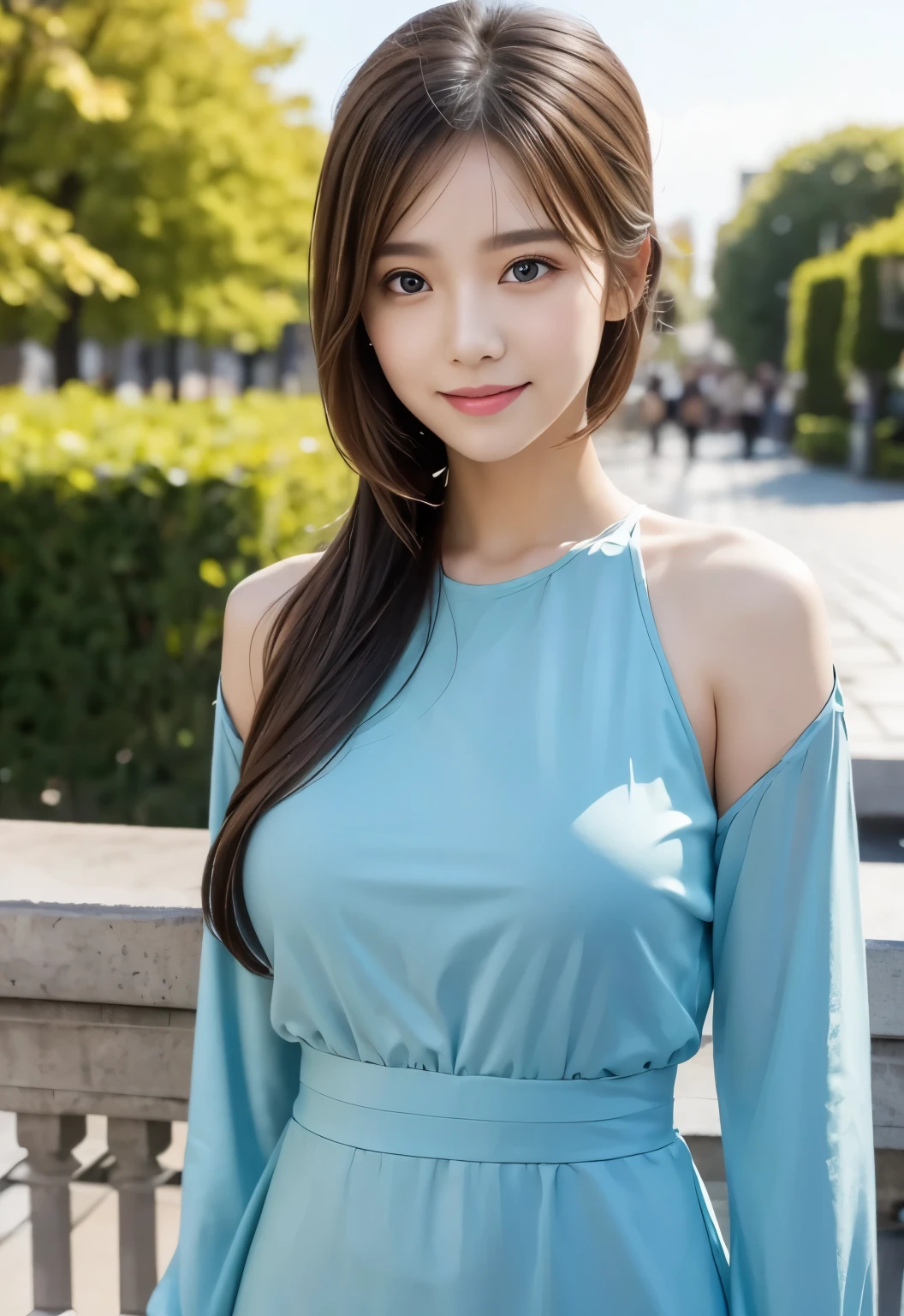 masterpiece, best quality:1.1), (8k, raw photo, photo realistic:1.2, f22), (shiny skin), detailed skin,ponytail,detailed face, detailed eyes,smile,BREAK, real world, intricate details, smil, BREAK, 1girl, full body,(Blue,dress,sleeves)BREAK, (terrace:1.4)