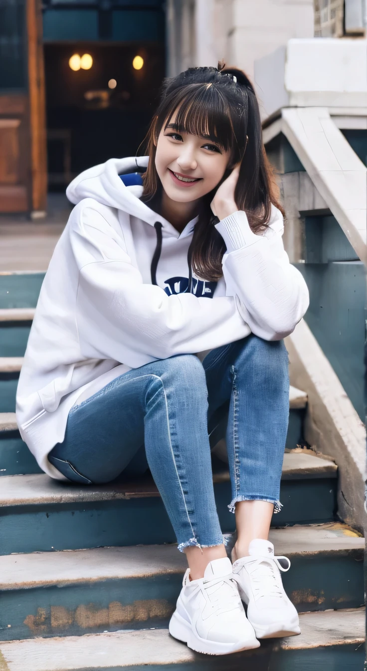 highest quality, Realistic, Very detailed, Finer details, High resolution, 8k wallpaper, One beautiful woman,Sit on the stairs、smile、、 Oversized hoodie, Skinny jeans,( sneakers)、Black Hair、 Beautiful Bangs、ear piercing、Perfect dynamic composition, Beautiful and detailed, Full Body Shot, A big smile waiting to start