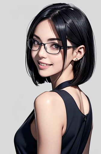 (masterpiece), (8k, best quality, high resolution), (ultra-detailed, realistic), (anatomically correct),  
((Portrait)), (Standing), (((looking back))), (No background),
(1woman),  (looking at viewer), (show your back), 
(A Japanese woman, 30 years old and 155cm tall.), 
(black hair), (straight hair), (short hair style), (bob cut), (hair behind ears), 
(wear glasses), ((black cell frame glasses)), 
((Wear a navy blue sleeveless dress)), ((Mini length dress with a simple design and minimal decoration)), 
(Create a detailed image of the eye), 
(Her impression is pure, clean and kind.), 
((A captivating smile, just showing a few teeth.)), 　 
