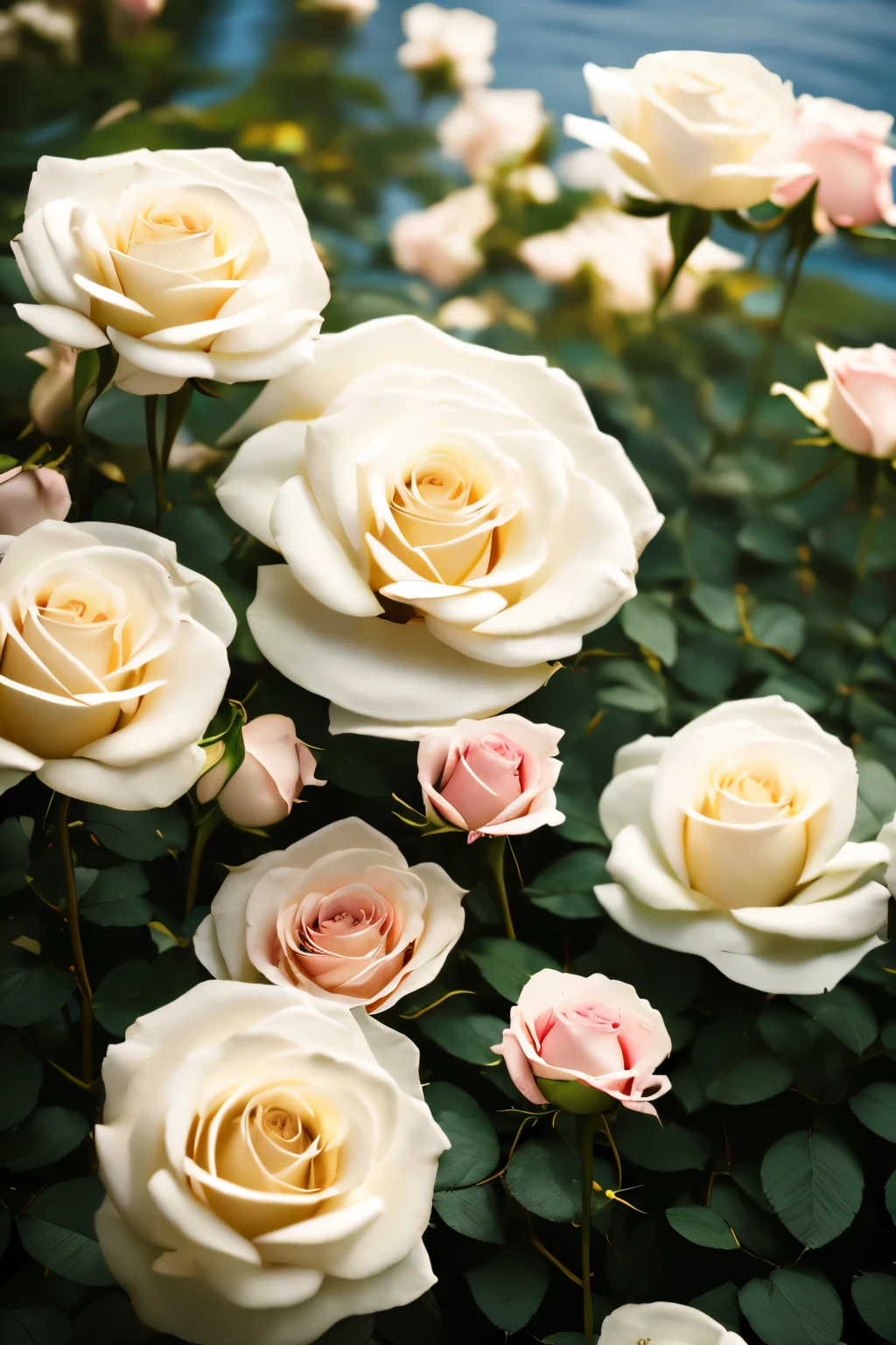 extremely delicate and beautiful, Amazing, finely detail, masterpiece, ultra-detailed, highres,best illustration, best shadow,intricate,sharp focus, high quality,, ladt looking donw into the water in a rose garden, book asthetic, collums. ((best quality)), ((masterpiece)), (detailed), cottagecore, roses, vintage garden, wwhite dress... english cottage garden
