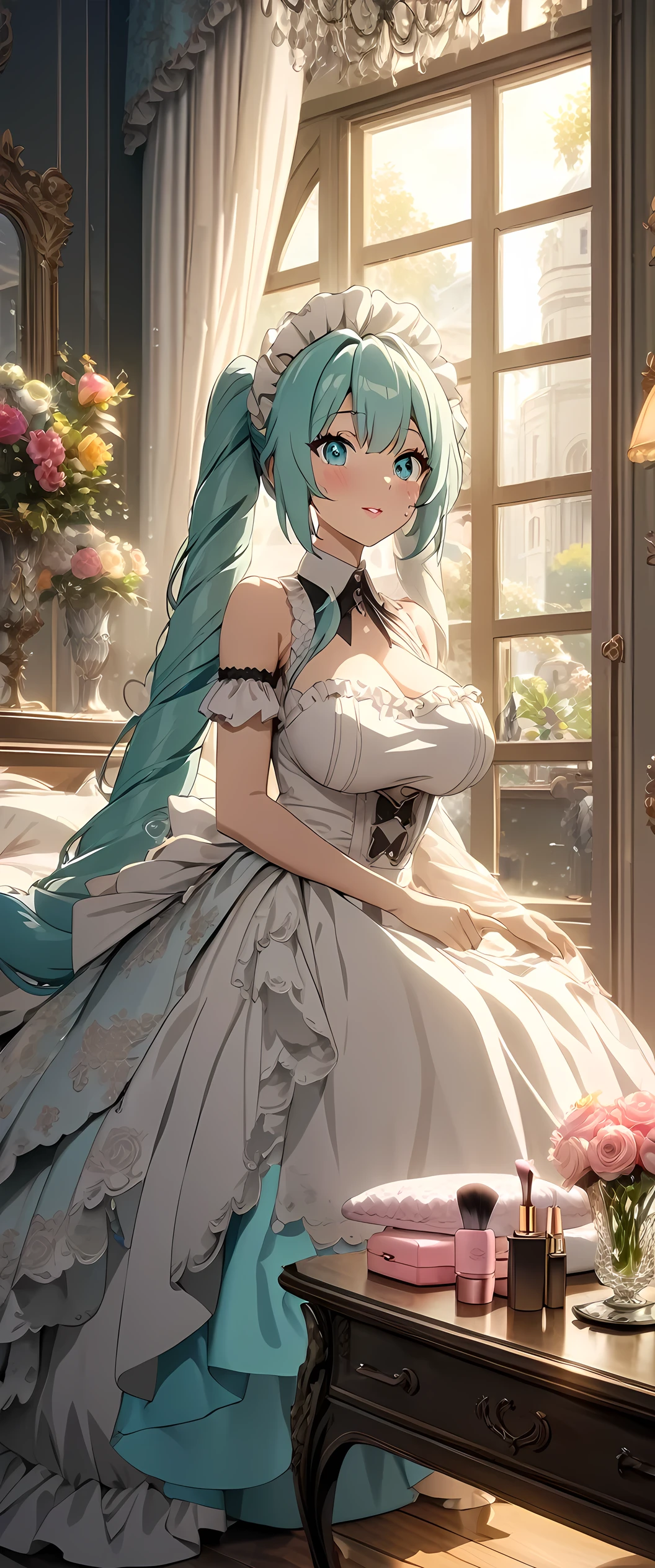 (best quality,4k,8k,highres,masterpiece:1.2),ultra-detailed,Hatsune Miku with big breasts,maid outfit,mansion bedroom,beautiful detailed eyes,longeyelashes,beautiful detailed lips,medium:anime,soft color tones,soft lighting,plush bedding,ornate furniture,large windows with flowing curtains,delicate lace details,sparkling jewels on the outfit,playful expression,relaxed pose,open balcony door with gentle breeze,sunlight streaming in,peaceful atmosphere,music notes floating in the air,subtle hint of futuristic elements,wooden flooring,reflections in the mirror,crystal chandelier,flower arrangements,cosmetic vanity with makeup brushes,anime-style artistry,smooth and flawless skin,glowing blush on cheeks,fantasy artwork on the wall,holographic display playing music videos,Marie Antoinette-inspired hairdo,romantic ambiance,serene and ethereal,calm and tranquil.