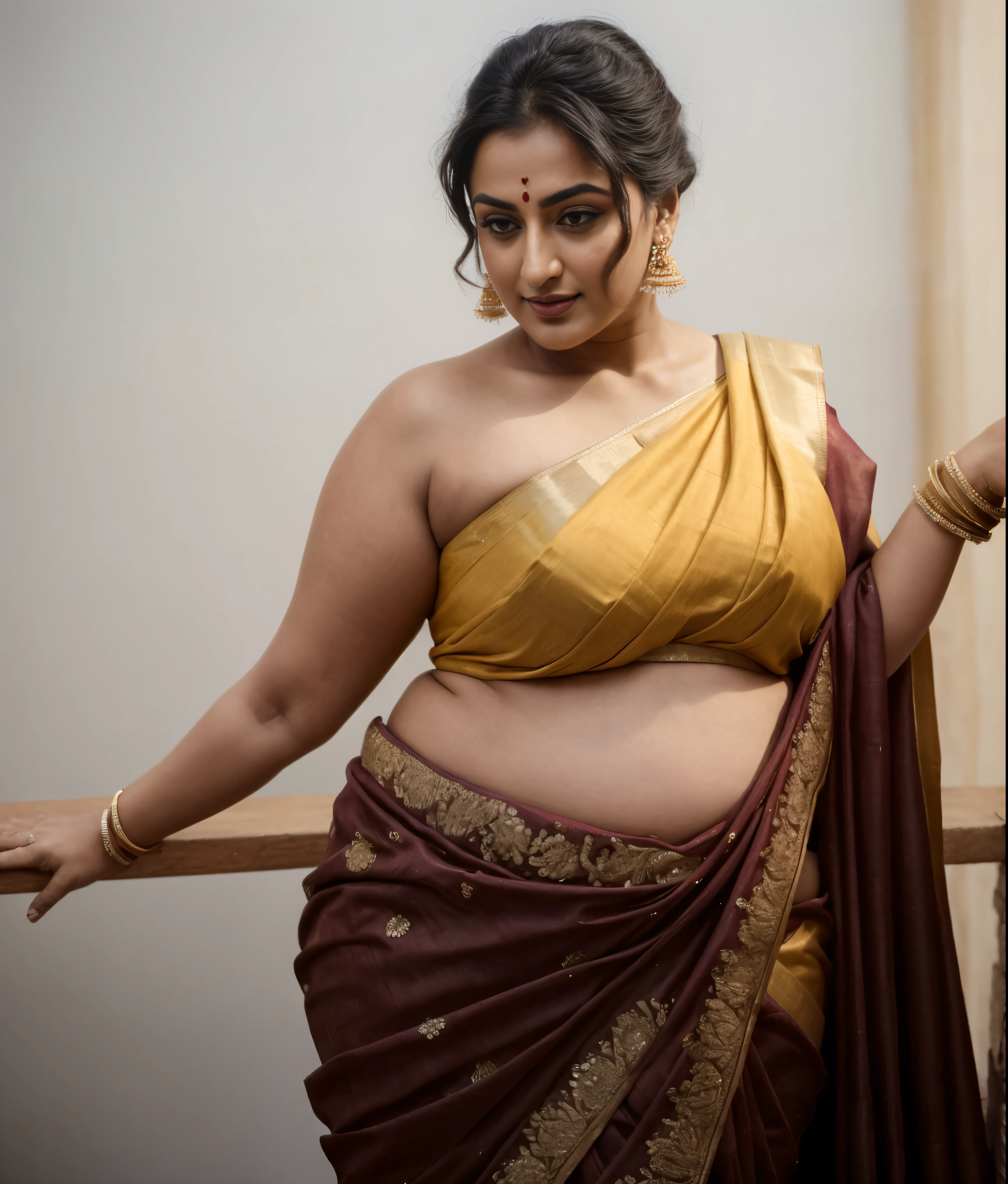 Foto RAW, photorealistic, photography, full body shot, master shot, goddess like beauty, perfect thick chubby mallu Desi aunty bhabhi, Wearing a Stanapatta, a chest-band.Saree model, model Photography, Indian saree shoot, Indian traditional wear advertising photography, traditional wear brand shoot, face of Indian actress Sonakshi Sinha, masterpiece, realistic, realism, incredible details, sensual pleasure, photorealism, detailed skin, skin pores, high contrast, photorealistic Artstation 8k HD digital art trend of high definition and detailed realistic skin texture, ultra detail, realistic skin texture, armature, best quality, ultra high definition, (photorealistic:1.4),, high resolution, detail, raw photo, Re sharp, by Lee Jefferies Nikon D850 Film Stock Photo 4 Kodak Portra 400 Camera F1.6 Lens Rich Color Ultra Real Realistic Realistic Textures Dramatic Lighting Unreal Engine Trending at Art Station Cinestill 800,(pele altamente detalhada: 1.2), 8k UHD, DSLR, soft-lighting, alta qualidade, grain of film, Fujifilm XT3,she didn't like to wear blouse or bra, she is happy to wear only saree, she hates blouse or bra,