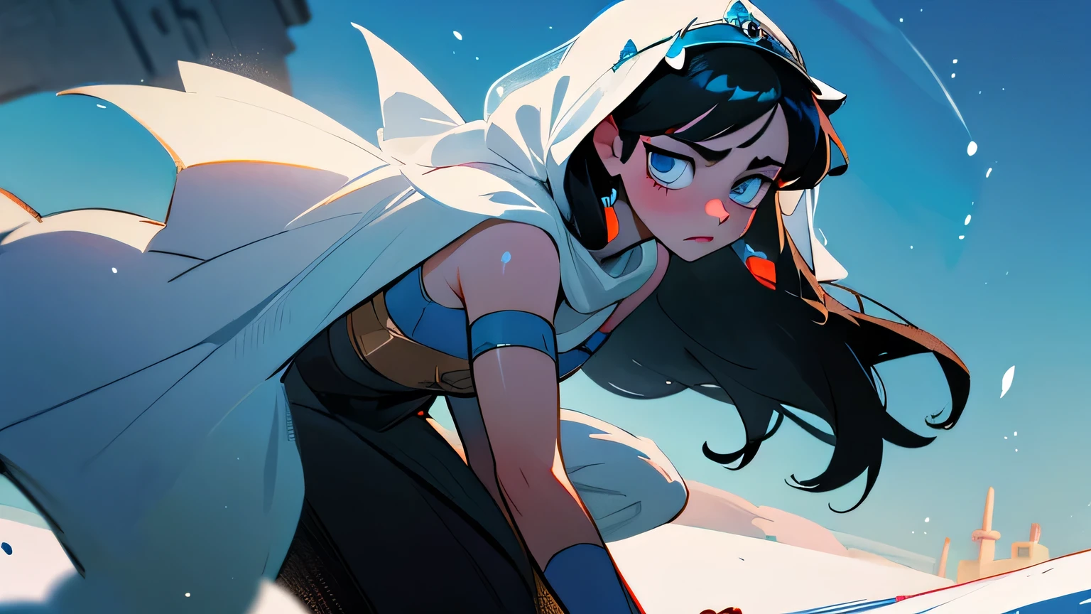 two people, from far away one queen mom warning to princess with long black hair, sea blue eyes and snow white skin, shadow only, arabic, ancient, middle east, warm tone, worried