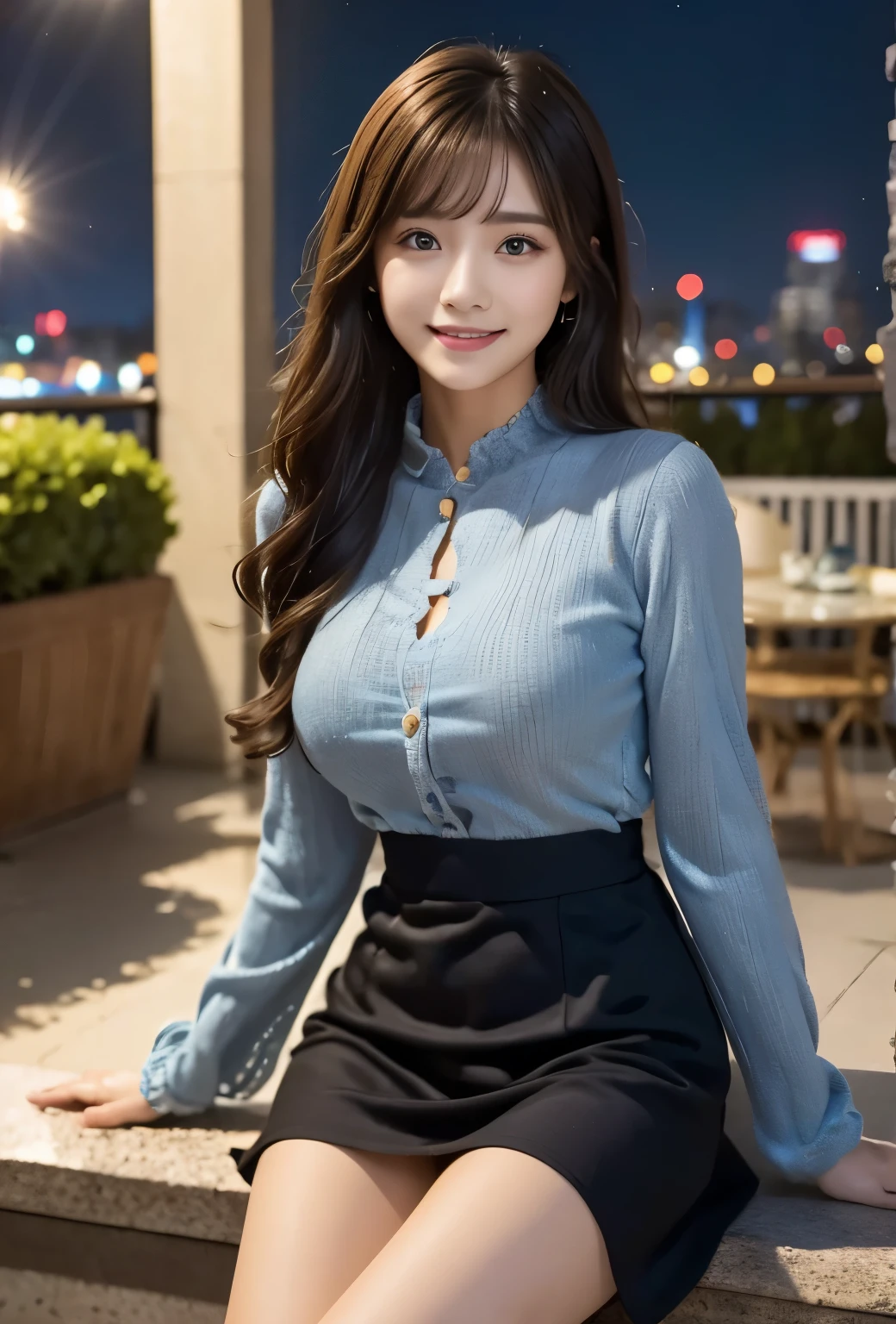 masterpiece, best quality:1.1), (8k, raw photo, photo realistic:1.2, f22), (shiny skin), detailed skin,long hair,detailed face, detailed eyes,smile,BREAK, real world, intricate details, smil, BREAK, 1girl, full body,(Blue,dress,sleeves)BREAK, (night,terrace:1.4)