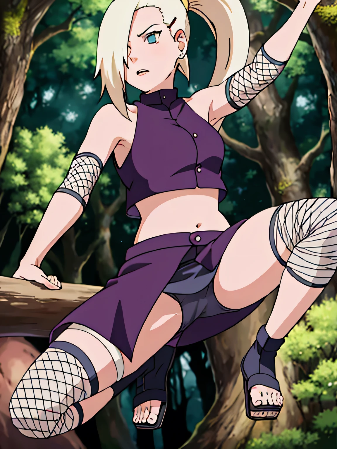 Yamanaka Ino, hair on one eye, ponytail, Hair clips, purple crop top, voluptuous, skirt, fishnet, earring, Diaphragm, show กางเกงใน, condescending, alone, 1 girl, Facing the front, Masterpiece, perfect face, jump, Raise your legs high., touch,straight legs, touch high legs, Voluptuous eyes, open skirt, Torn a leg ,In the forest, On the tree, straight legs, Legs are straight., sexually aroused