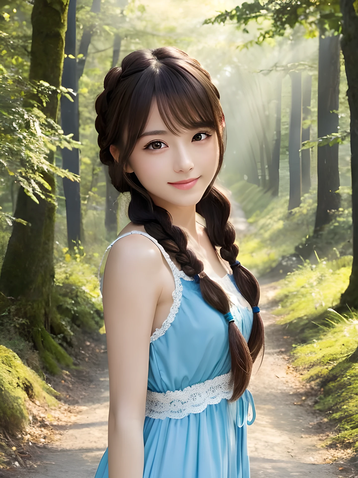 masterpiece, highest quality, High resolution, wallpaper, realistic, (bright lighting:1.4), professional lighting, face light, smooth lighting, japanese girl, full body, cute, happy, smile, shy, Beautiful girl, gravure, sexy, super beautiful, beautiful skin, beautiful and detailed eyes、detailed face、slim、moderately, braid hair, brunette colored hair, brown eyes, Summer Dresses, The morning sunlight shines through the misty forest path.