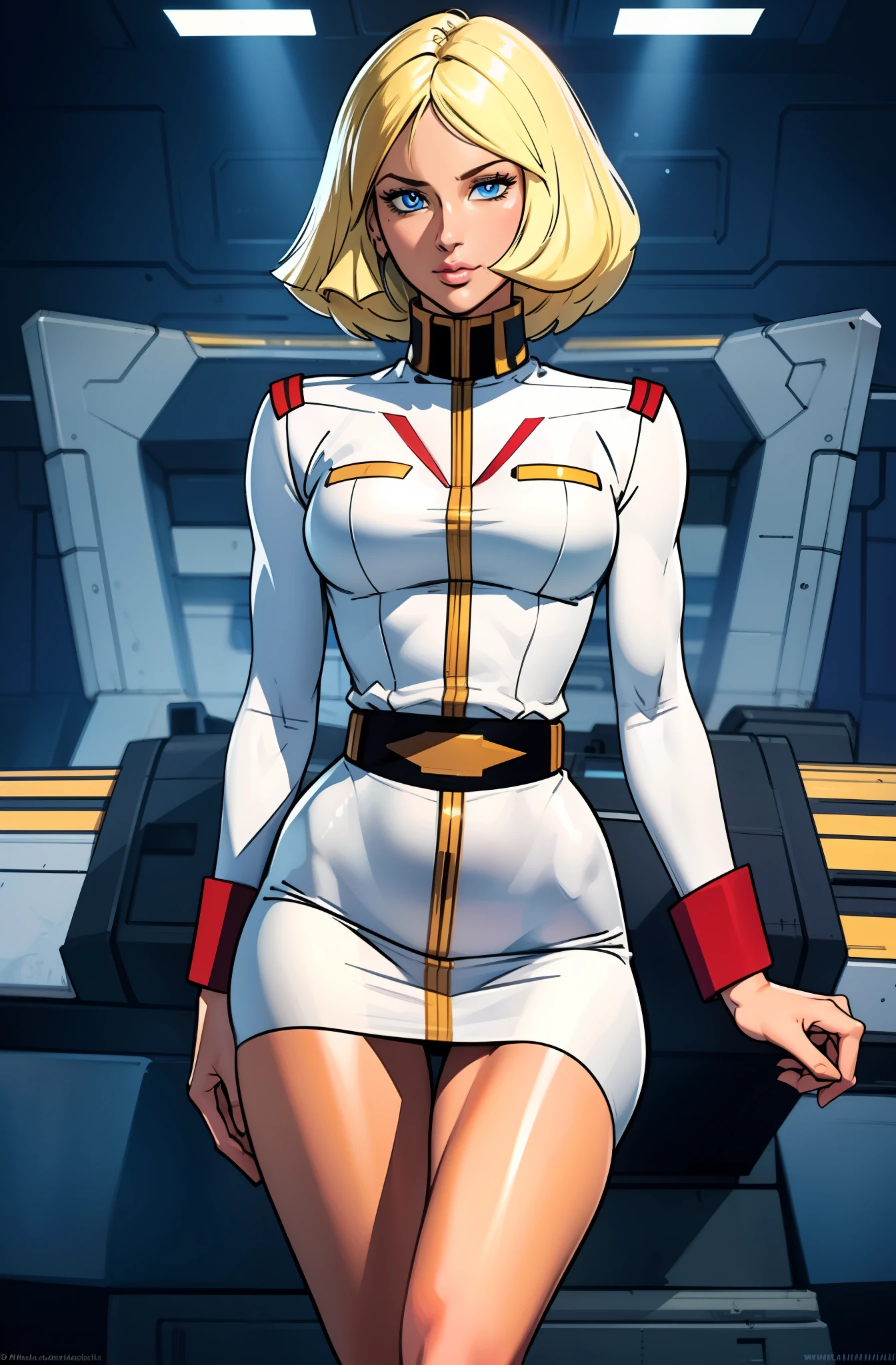 ((masterpiece)), ((cinematic lighting)), realistic photo、Real Images、Top image quality、1girl in, sayla mass, Elegant, masterpiece, Convoluted, slim arms, wide hips, thick thighs, thigh gaps, Best Quality, absurderes, high face detail, Perfect eyes, mature, Cowboy Shot, , Vibrant colors, White uniform, Skirt,