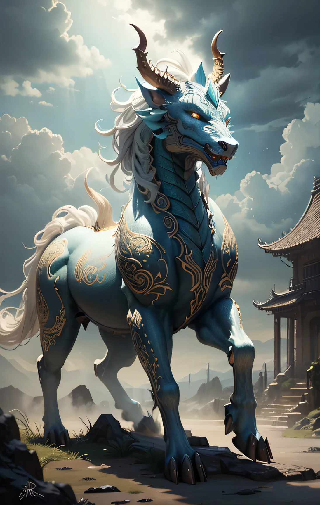 Betreten Sie die Welt der Mythologie mit dieser fesselnden Illustration der Qilin, a majestic creature from Chinese folklore. The composition shows the horse-like body of the Qilin, decorated with turquoise dragon scales, mane and tail plus the ends of the extremities are golden hair and a spreading antler walking majestic in beautiful mystical forest. Die lebendigen Farben und komplizierten Details erwecken dieses Fabelwesen zum Leben, evoke a sense of awe and wonder. Renowned fantasy artist J.R.R. Tolkien skillfully captures the magic and mysticism of the Qilin in this enchanting image