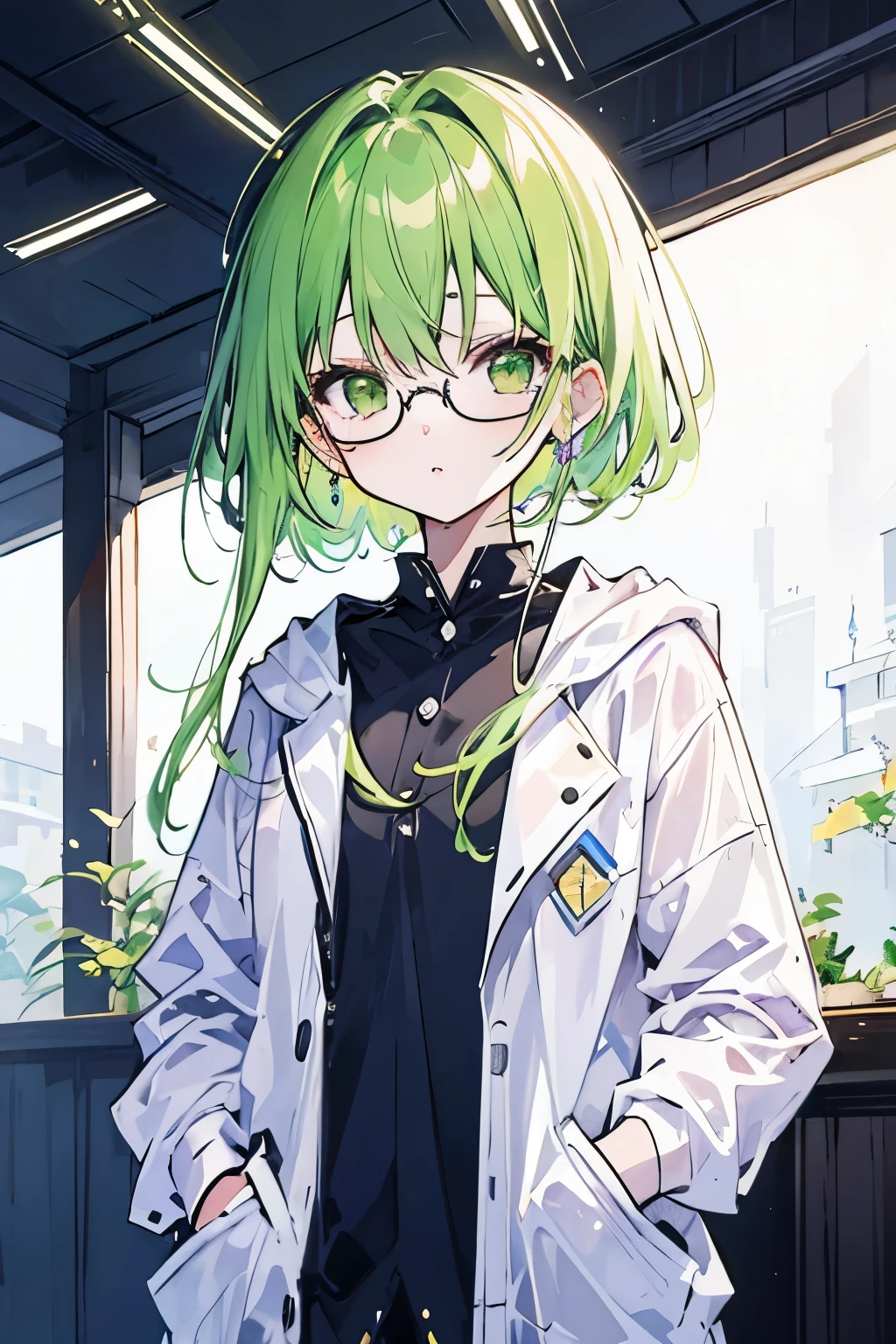 alone!
thin"Yellow green"の髪で毛先がthin water color、Green eyes、
thin water color(purple)Gradient Parker、
Put your hands in your pockets、Wearing round glasses、