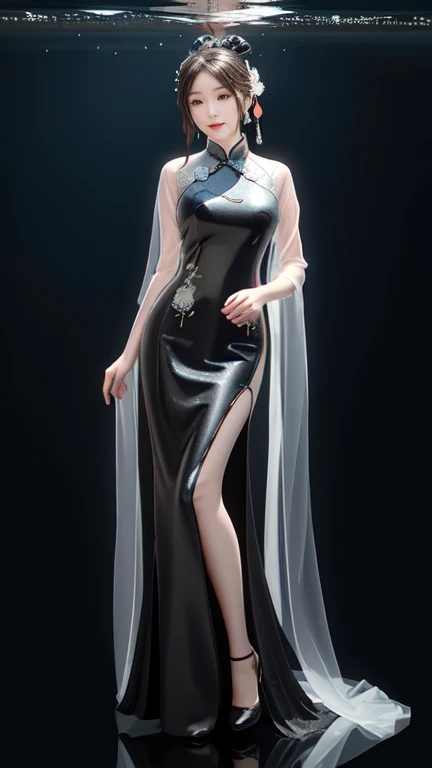 Woman wearing transparent clothes underwater,Full body image, Be focused: 1.3, Chinese Girl,Model figure: 1.5, Big Tits: 1.2,Slightly fat,hair,Heroine Theme,Very tender breasts, Happy expression, Everlasting: 1.2,Highly detailed face and skin texture, Delicateeyes, Double eyelids,Translucent Tulle,Chinese transparent cheongsam,Translucent interior,Waist space,black background