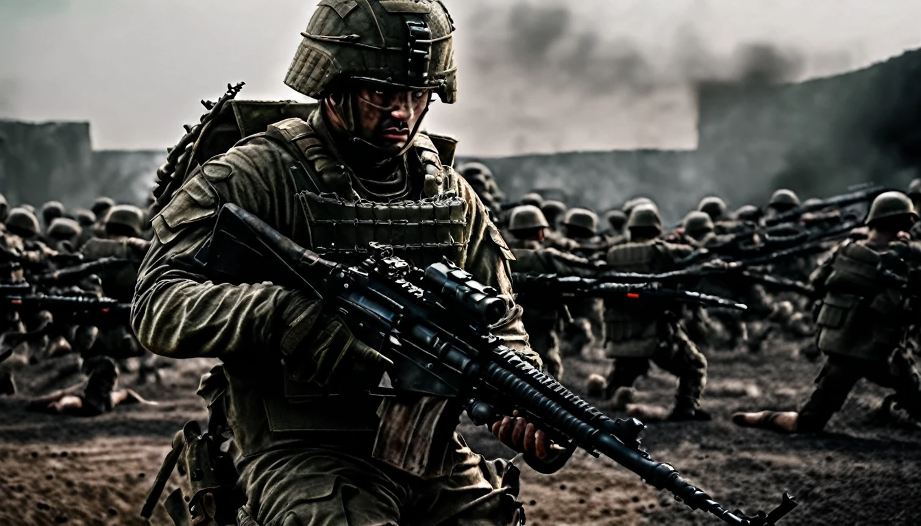 (8k, RAW photo, best quality, mastery:1.3),(realistic,photo-realistic:1.37),A army solider, armoured with weapon, and back ground is full with enemies. HD