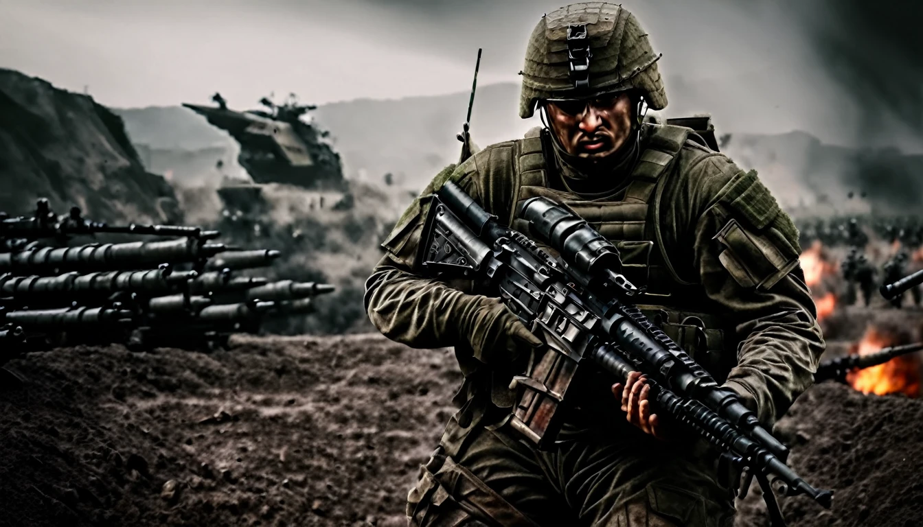 (8k, RAW photo, best quality, mastery:1.3),(realistic,photo-realistic:1.37),A army solider, armoured with weapon, and back ground is full with enemies. HD