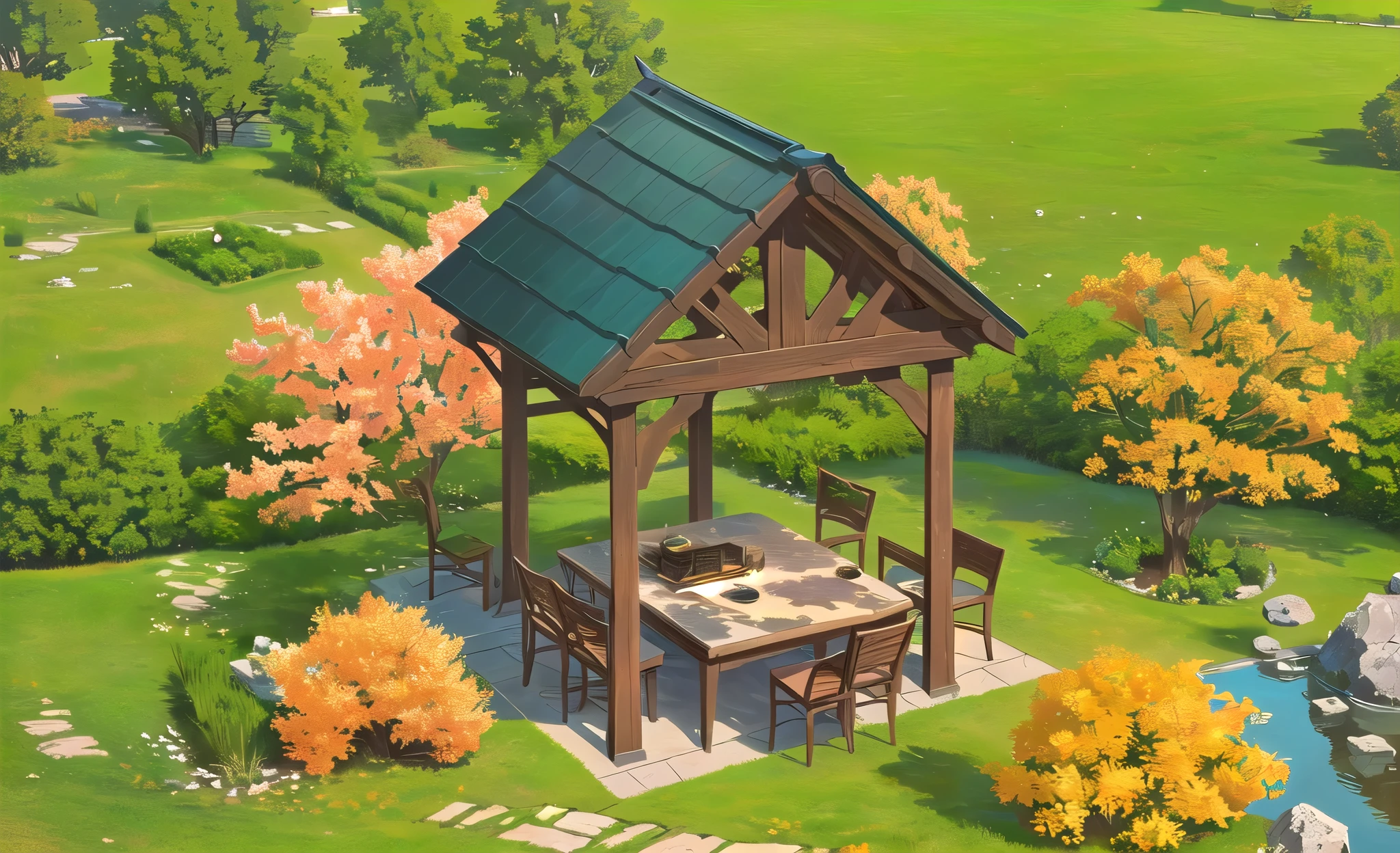 masterpiece,Ultra-clear,There is a small pavilion in the middle,There is a stone table and four stone chairs inside, There are wine glasses on the table,grassland,Tree,4k,Hyperrealism