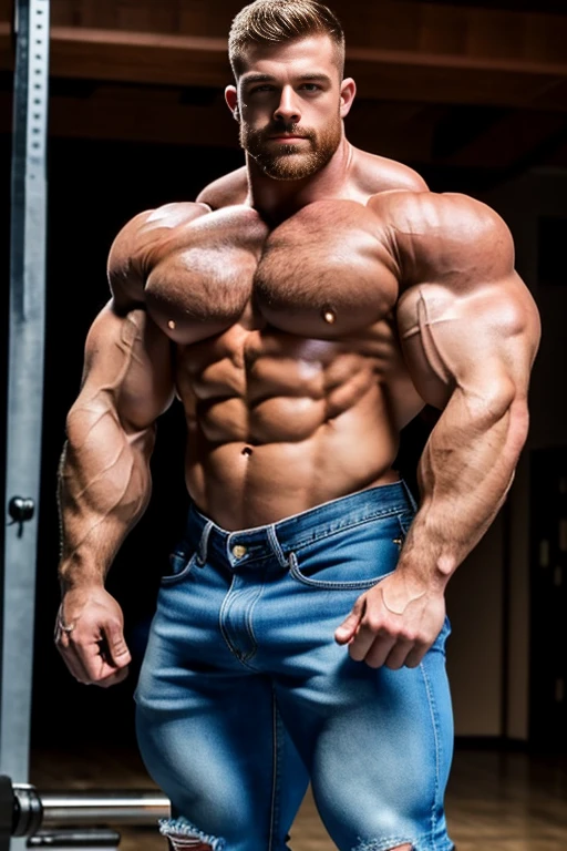 bodybuilder flexing his biceps, extremely short shorts with massive crotch bulge, extremely short denim cutoffs, sleeveless flannel shirt, 700 pounds of muscle, extraordinary attractive European man with radiant blue eyes, (handsome:1.5), (gorgeous:1.6), (beautiful:1.3), ginger, short hair, rugged, hyper oversized muscles, massive muscular arms, massive muscular biceps, massive muscular forearms, massive muscular legs, massive muscular thighs, massive muscular calves, hyper massive muscles,