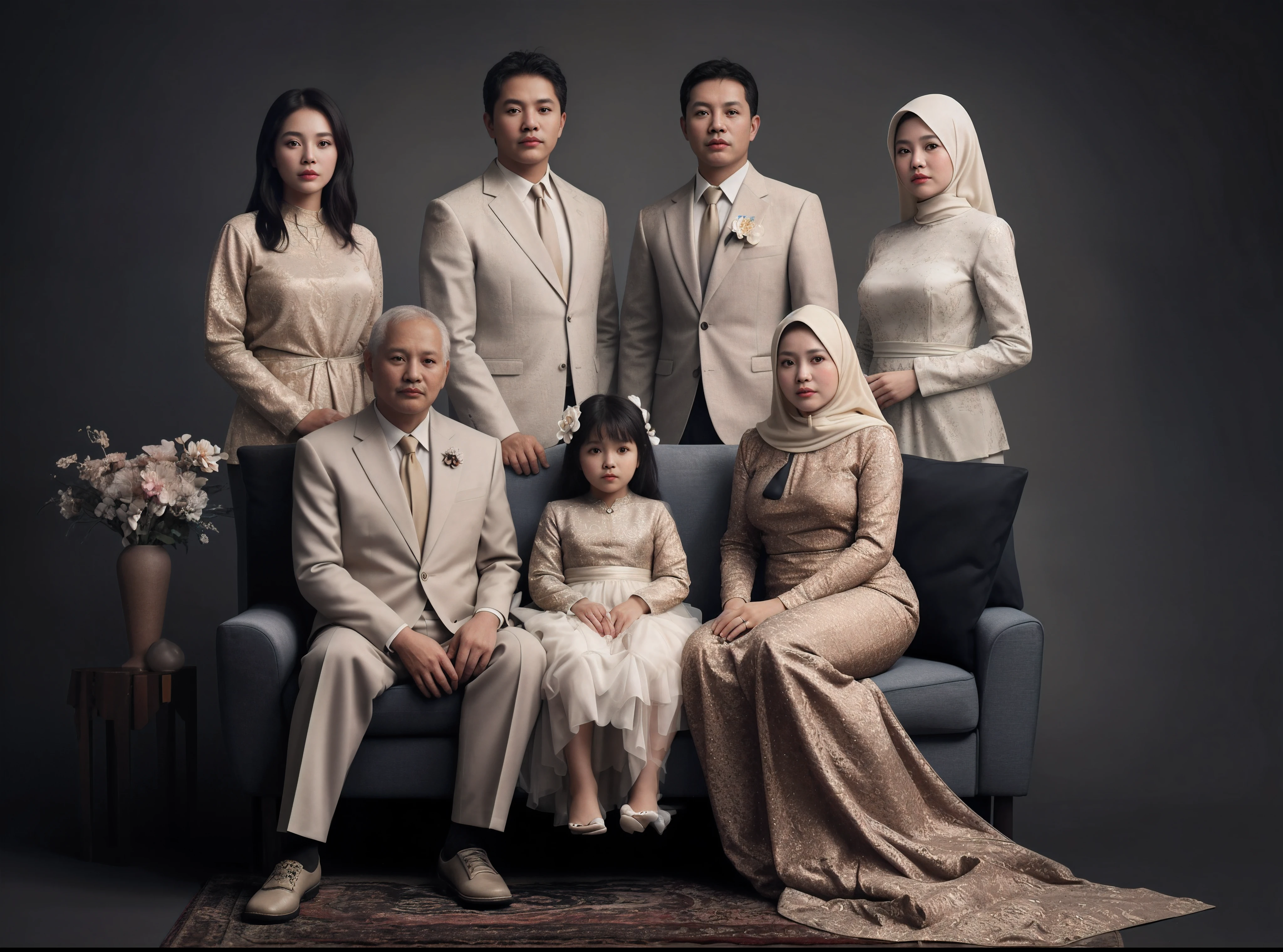 Family photo of Indonesia, seven members. father and mother aged 51 years sitting on the sofa with one chubby 5-year-old daughter sitting in the middle, 2 boys and two girls standing behind the sofa, They are wearing luxury CREAM jackets, and the same and coordinated luxury CREAM kebaya, realistic photo, ultra HD, dark grey background with abstract motifs. decorative flower vase, good lighting, UHD, 32K
