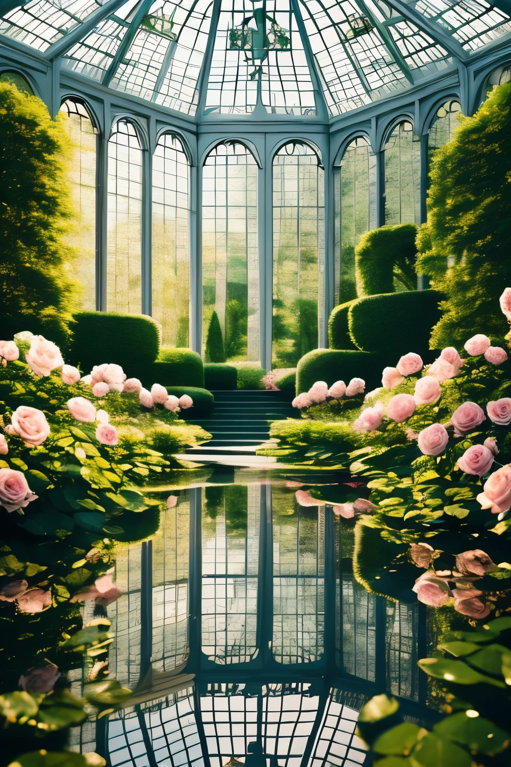 extremely delicate and beautiful, Amazing, finely detail, masterpiece, ultra-detailed, highres,best illustration, best shadow,intricate,sharp focus, high quality,, into the water in a rose garden, book asthetic, white victorian conservatory