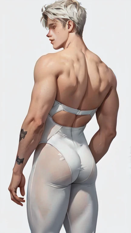 Oily painting, Anime style , Justin Bieber art antique white+bisque watercolor, attractive uncovered male figure, full-length silhouette, image of insidious seduction, Young man 19 years old In a tight, thin leotard, Large voluminous elastic lush buttocks are exposed, torn fabric, Back view