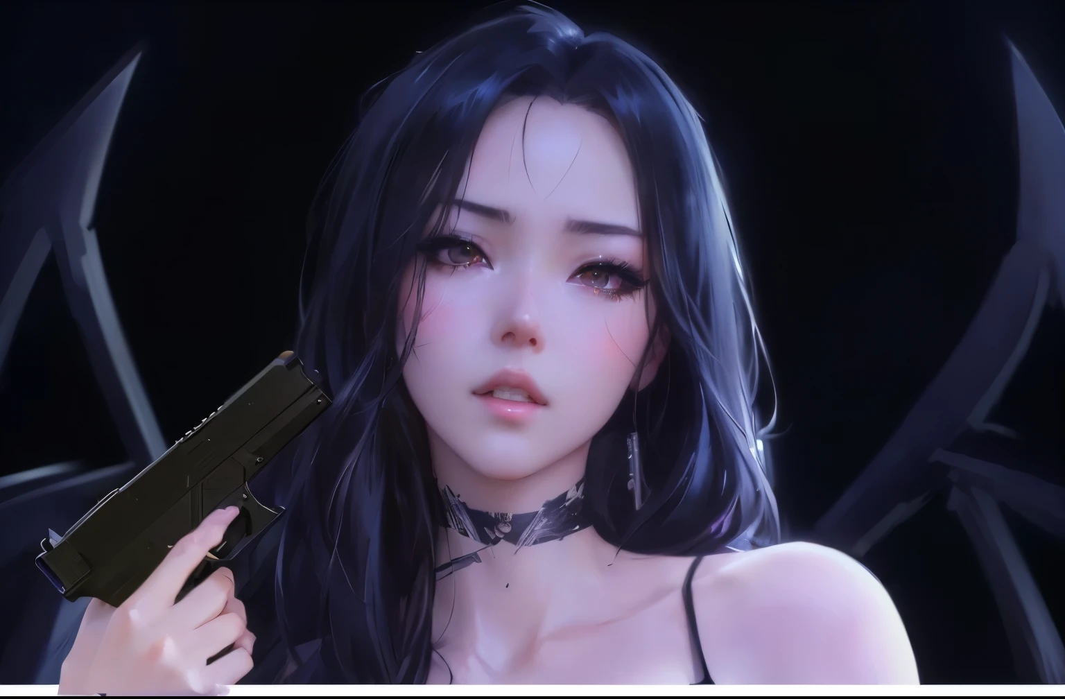 anime girl with a gun and a black dress, realistic artstyle, guweiz, artwork in the style of guweiz, 8k high quality detailed art, trending on cgstation, realism artstyle, realistic art style, anime style. 8k, realistic anime 3 d style, from girls frontline, kda, photorealistic!!!!!!! art style