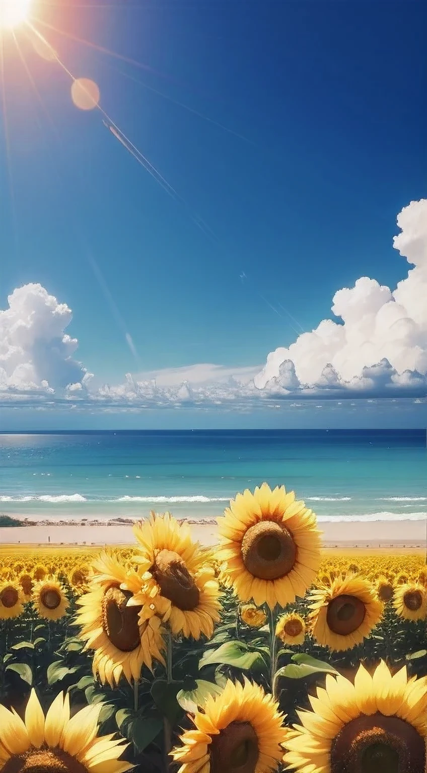 himawari、sun flowers、blue-sky、8K、top-quality