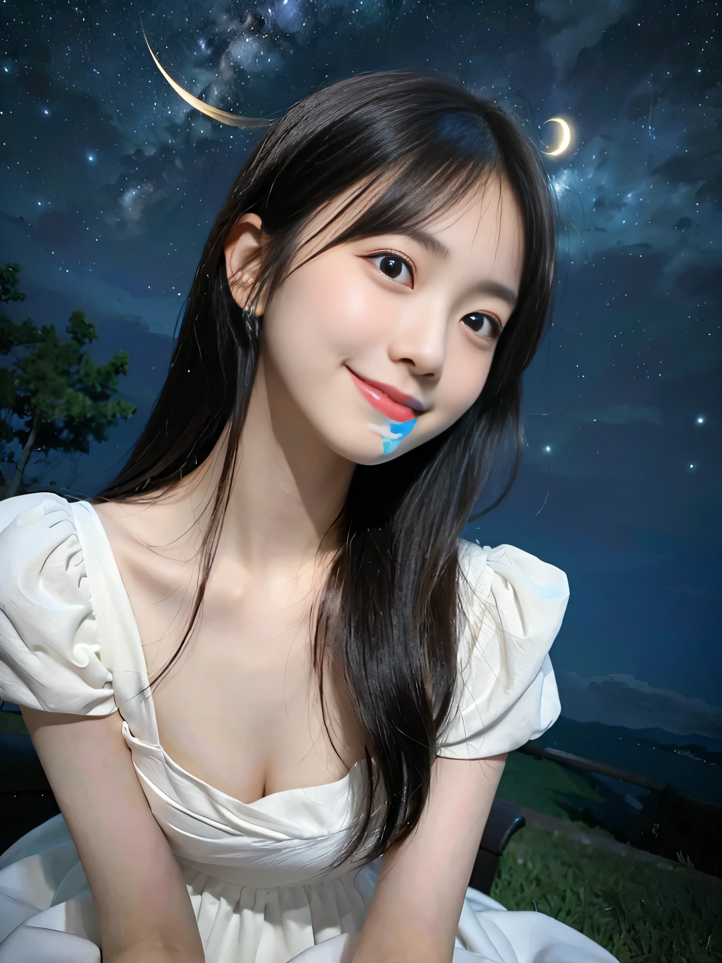 (One girl with slender small breasts and long hair with dull bangs in a white dress1.5)、(One girl looking up the sky with small smile :1.3)、(Low angle shot :1.5)、(Beautiful stary night:1.5)、(Perfect Anatomy:1.3)、(No mask:1.3)、(complete fingers:1.3)、Photorealsitic、Raw photography、masutepiece、top-quality、hight resolution、delicate and pretty、face perfect、Beautiful detailed eyes、Fair skin、Real Human Skin、pores、((thin legs))、(Dark hair)