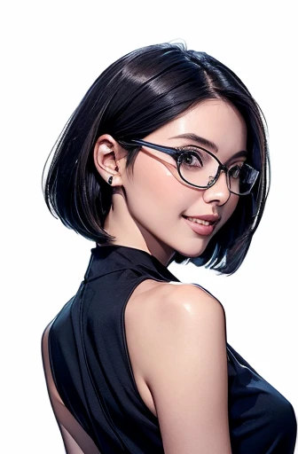 (masterpiece), (8k, best quality, high resolution), (ultra-detailed, realistic), (anatomically correct),
((Portrait)), (Standing), (((looking back))), (No background),
(1woman), (looking at viewer), (show your back),
(A Japanese woman, 30 years old and 155cm tall.),
(black hair), (straight hair), (short hair style), (bob cut), (hair behind ears),
(wear glasses), ((black cell frame glasses)),
((Wear a navy blue sleeveless dress)), ((Mini length dress with a simple design and minimal decoration)),
(Create a detailed image of the eye),
(Her impression is pure, clean and kind.),
((A captivating smile, just showing a few teeth.)),