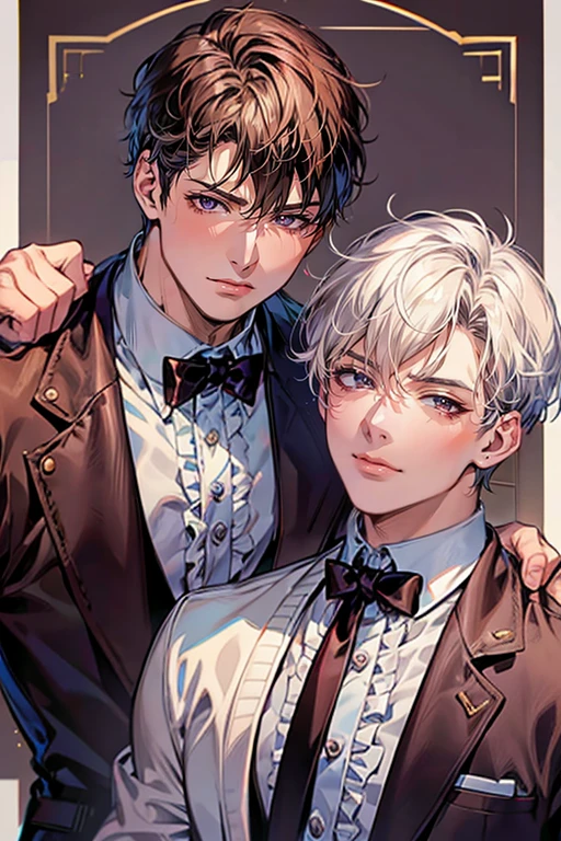 (muste piece), (best quality), very detailed, ((two men in their 20s)), perfect face, beautiful face, happy face，very detailed顔，(Brown-haired man_red eyes:1.3)，(man with white hair_blue eyes:1.3)，wink，milk chocolate，White chocolate，Valentine，ribbon，race，frills，heart，Light，smile，Melted chocolate，Covered in chocolate